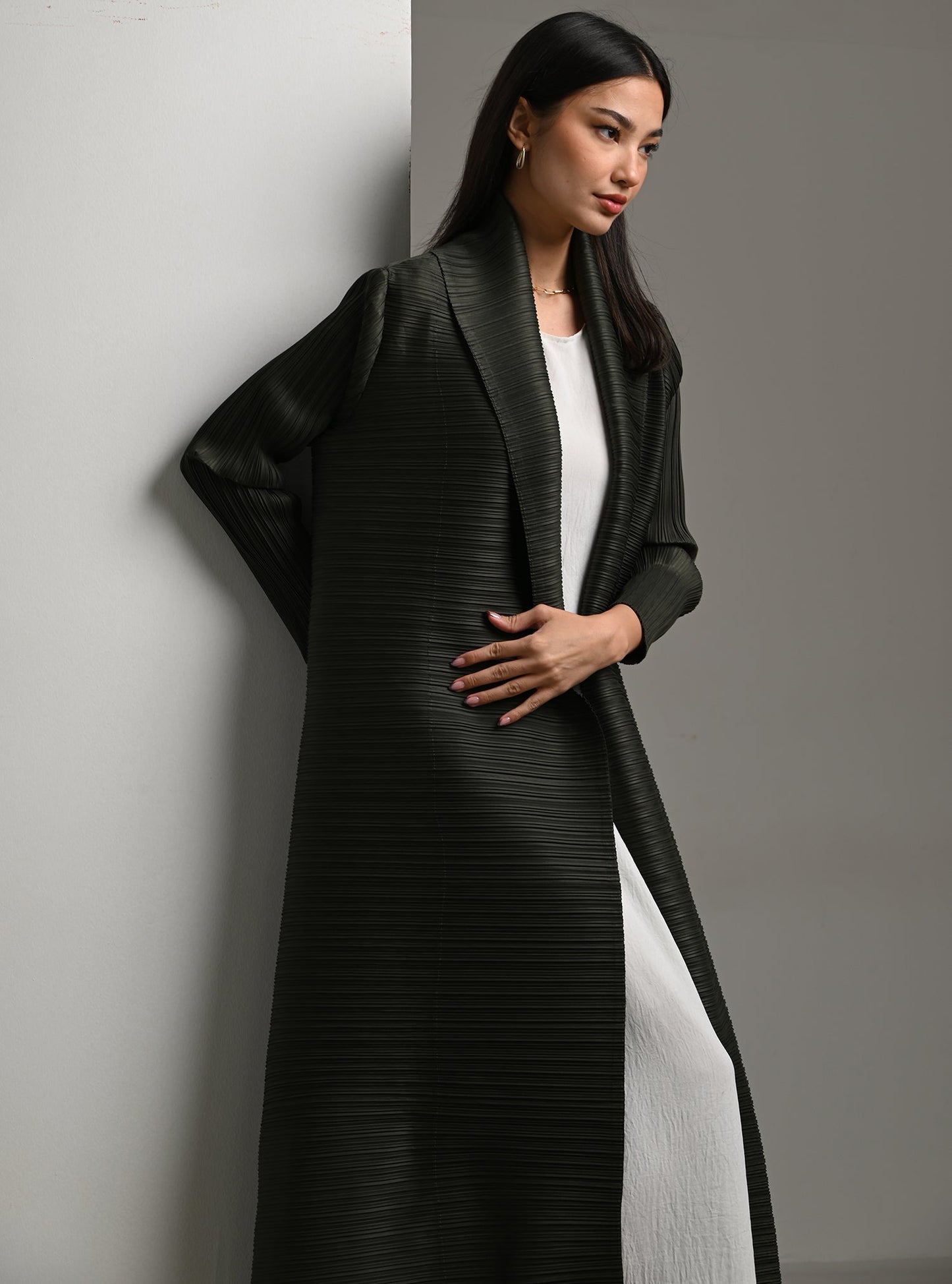 FAB113-Olive Pleats Abaya with headscarf