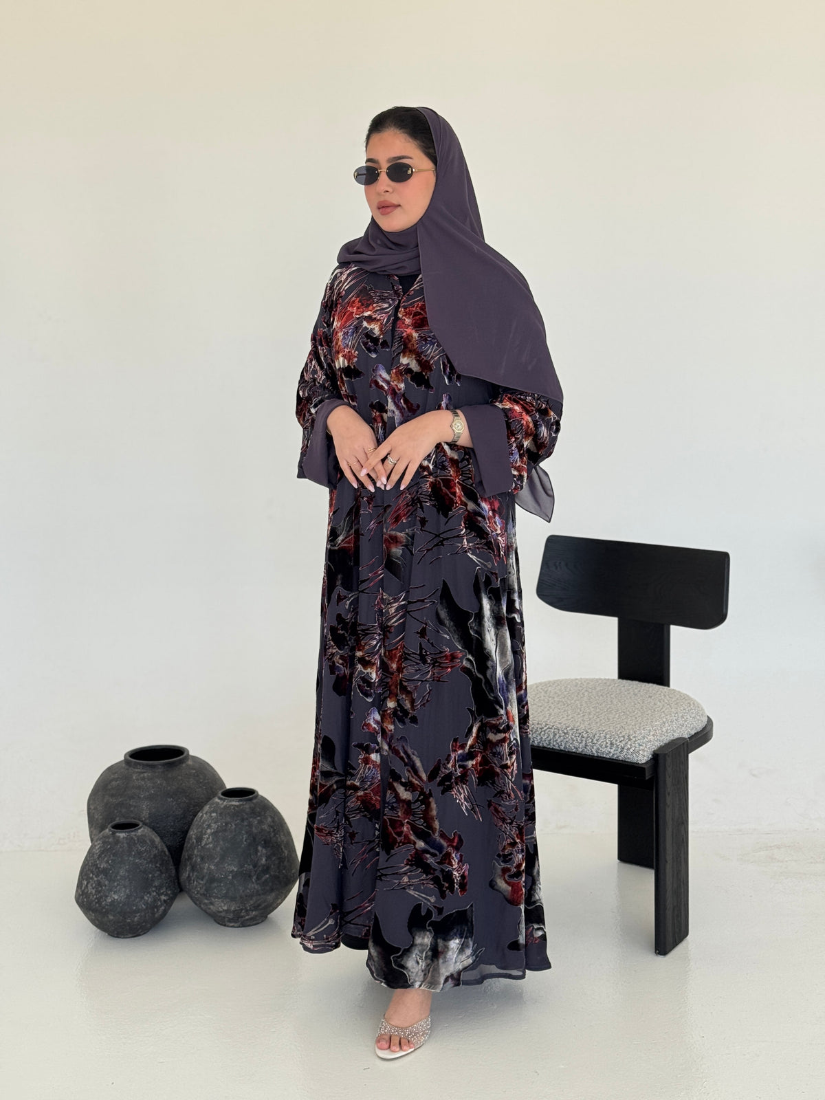 FAB233- Grey Purple Chiffon with Velvet Print Abaya with headscarf