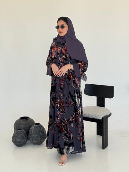 FAB233- Grey Purple Chiffon with Velvet Print Abaya with headscarf