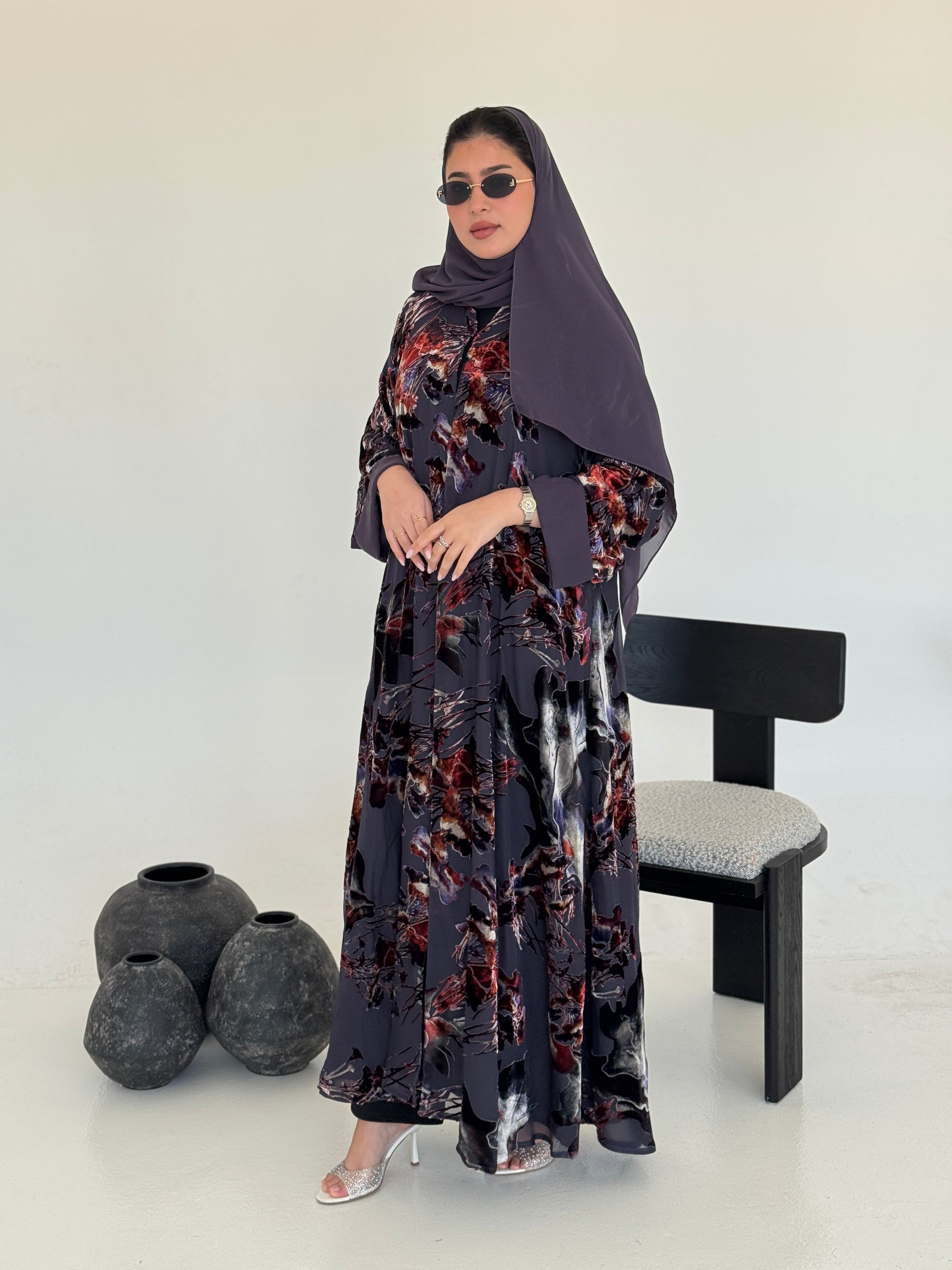 FAB233- Grey Purple Chiffon with Velvet Print Abaya with headscarf