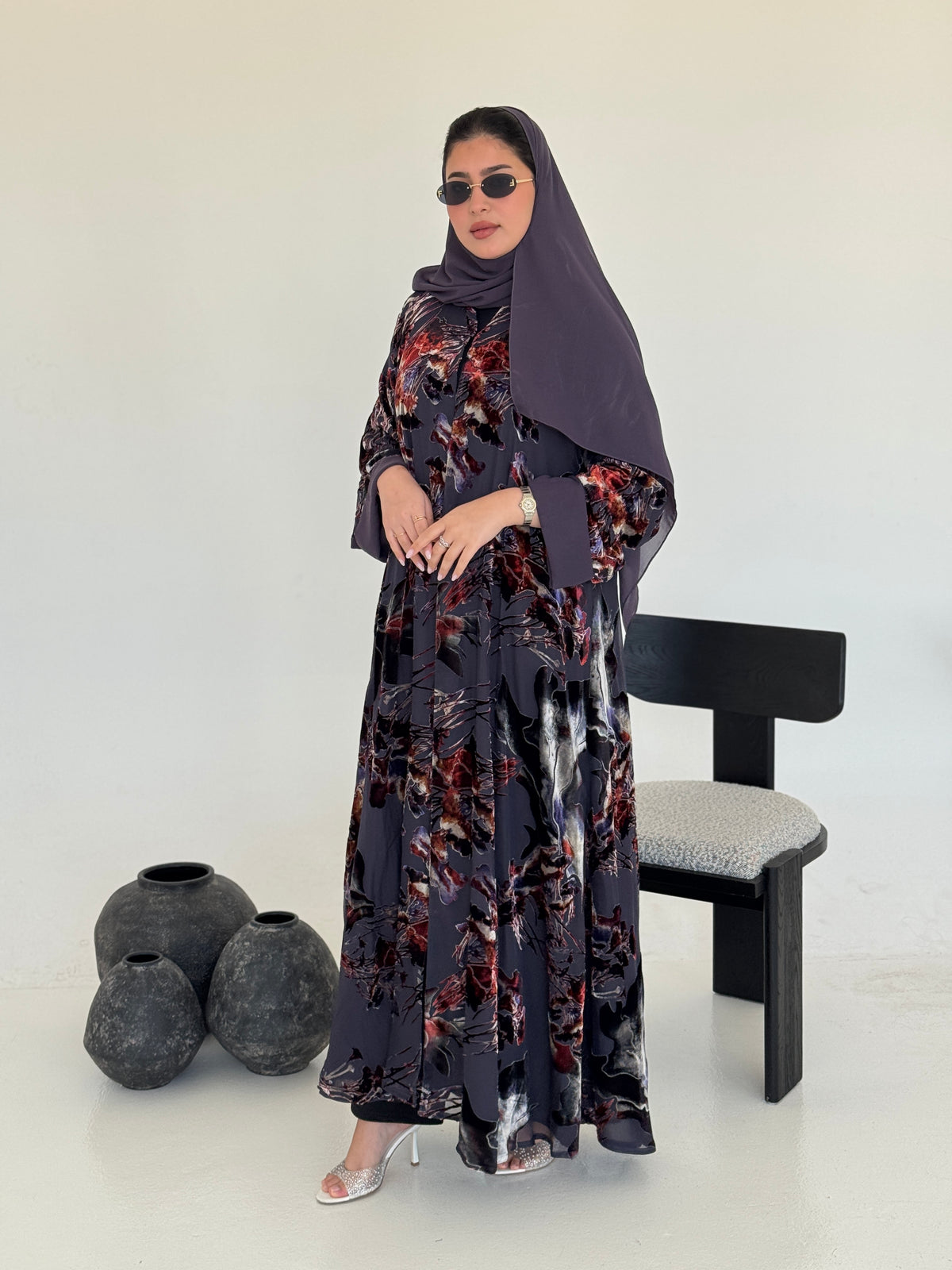 FAB233- Grey Purple Chiffon with Velvet Print Abaya with headscarf