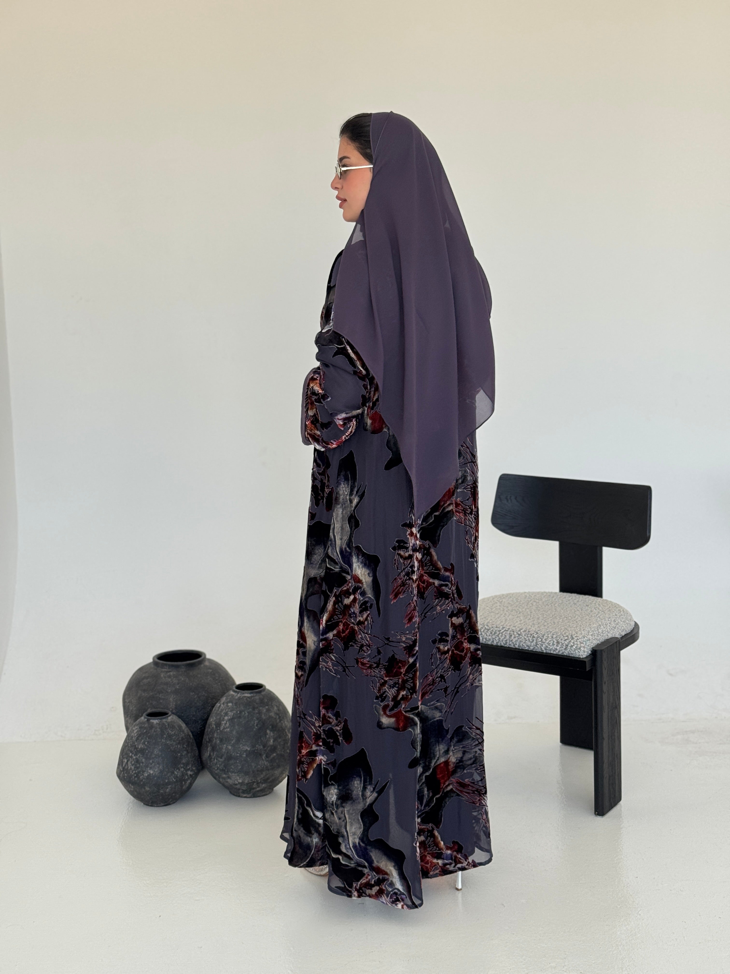 FAB233- Grey Purple Chiffon with Velvet Print Abaya with headscarf