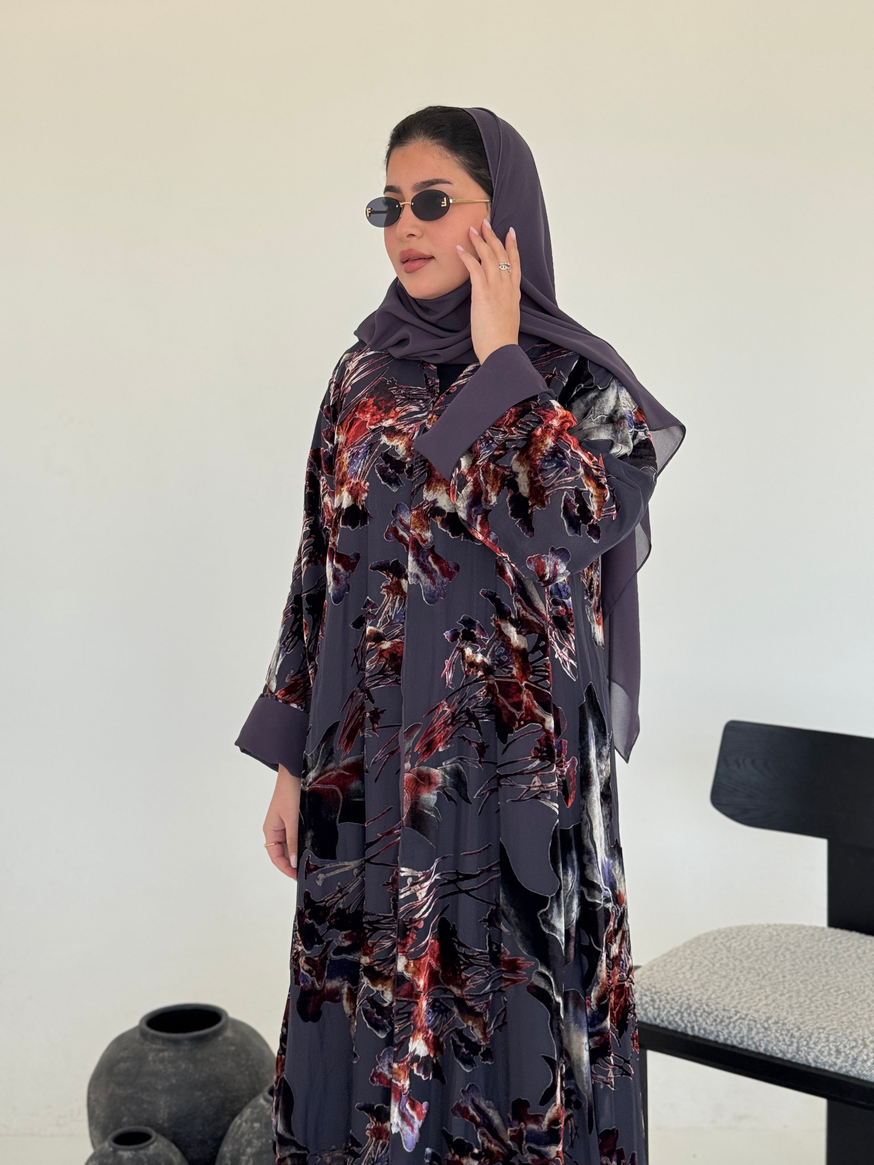 FAB233- Grey Purple Chiffon with Velvet Print Abaya with headscarf