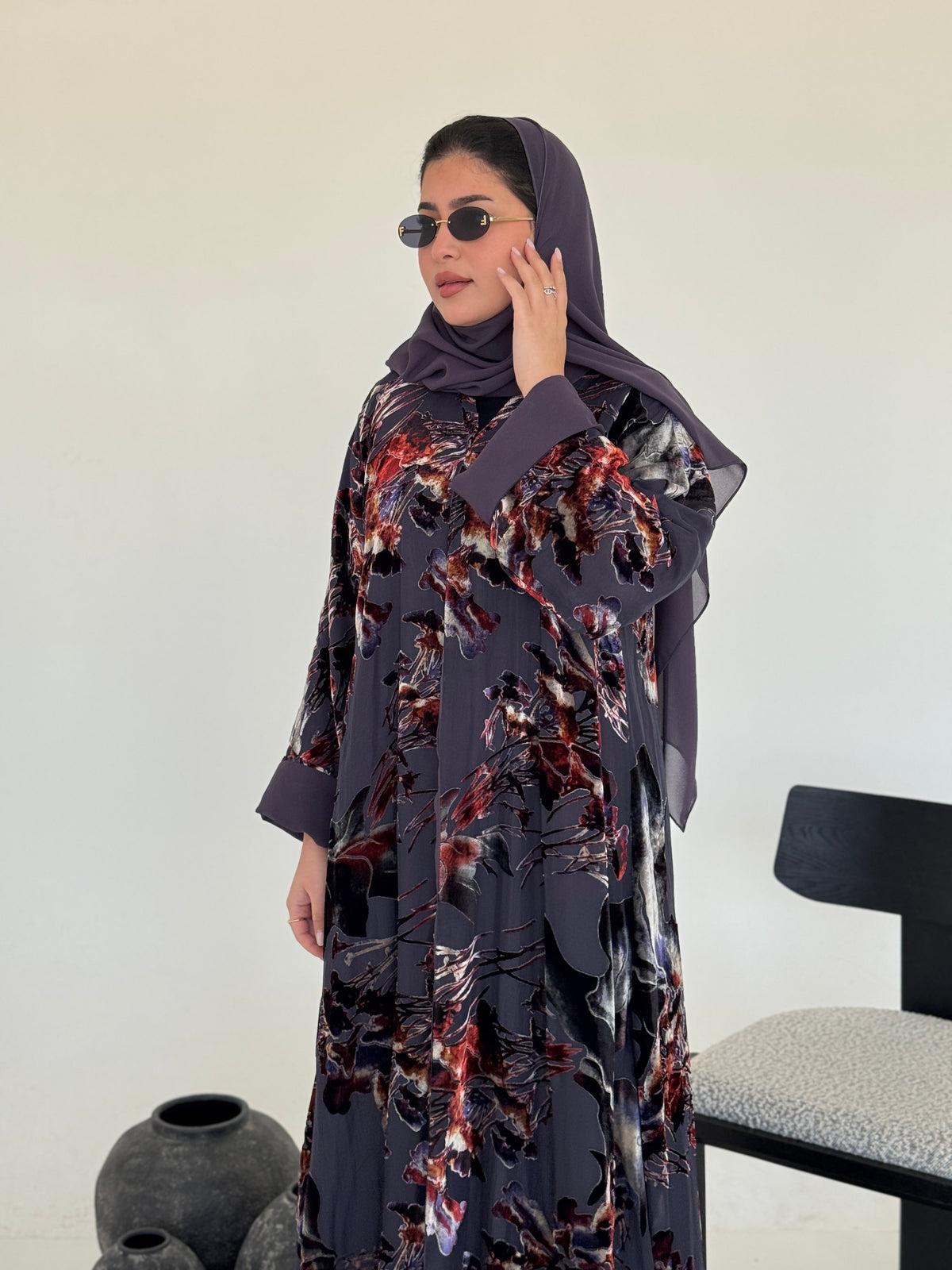 FAB233- Grey Purple Chiffon with Velvet Print Abaya with headscarf