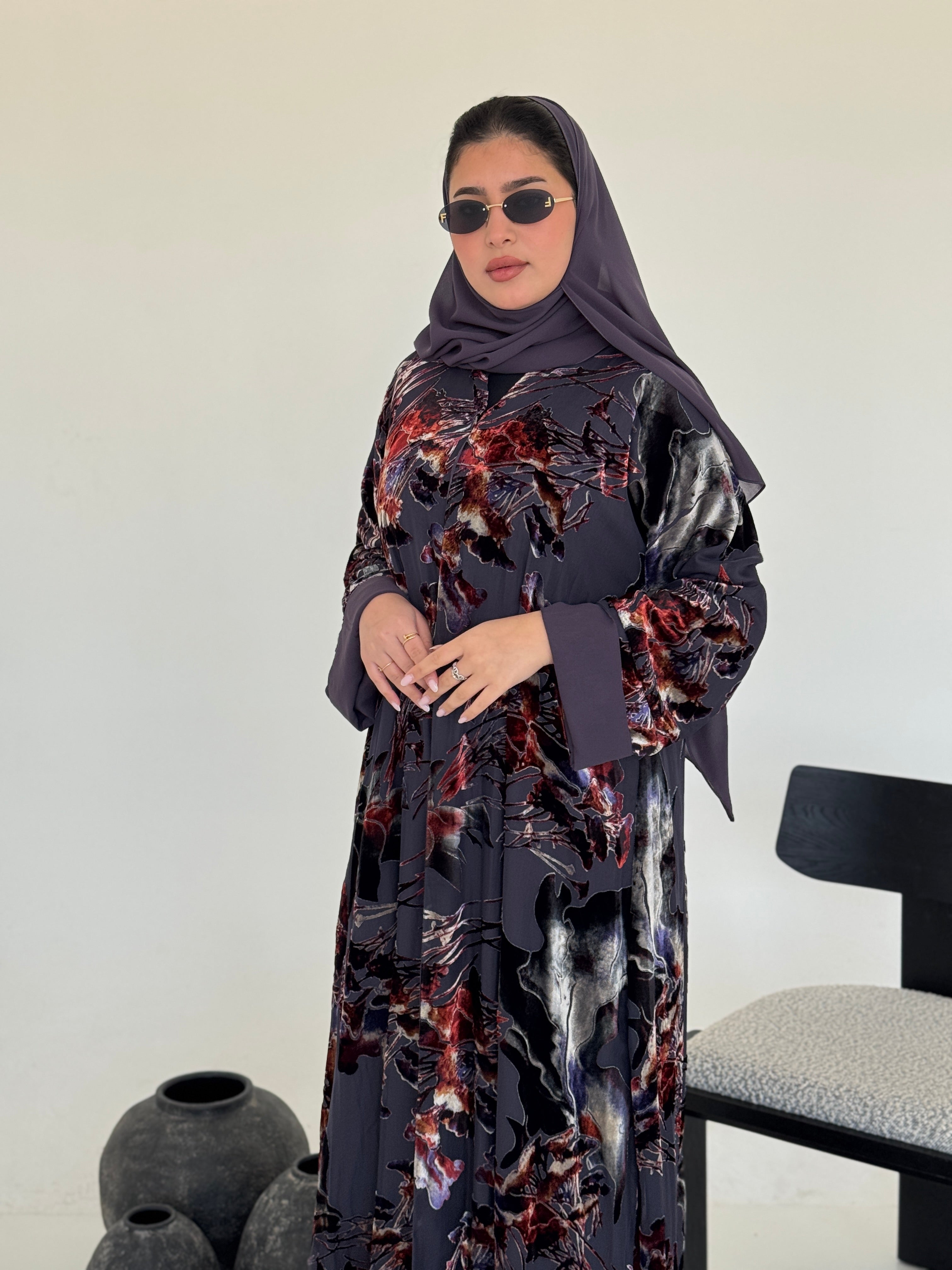 FAB233- Grey Purple Chiffon with Velvet Print Abaya with headscarf