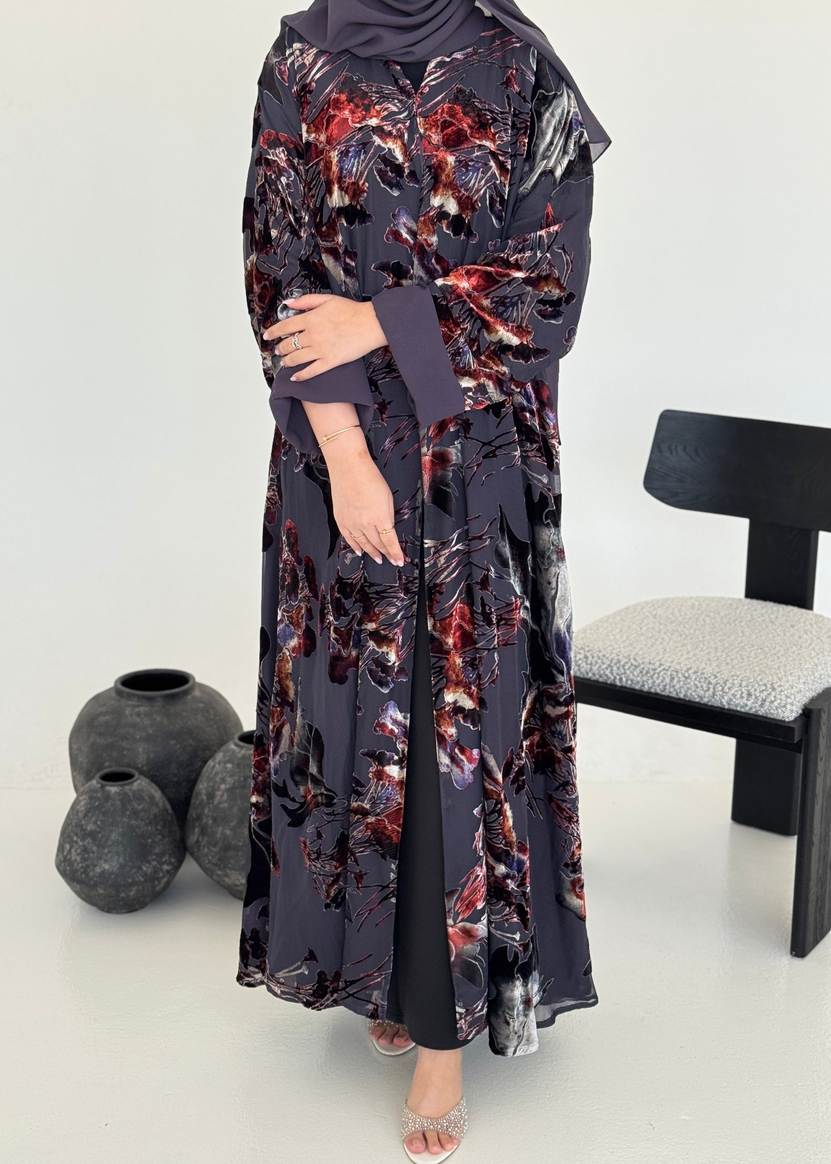 FAB233- Grey Purple Chiffon with Velvet Print Abaya with headscarf