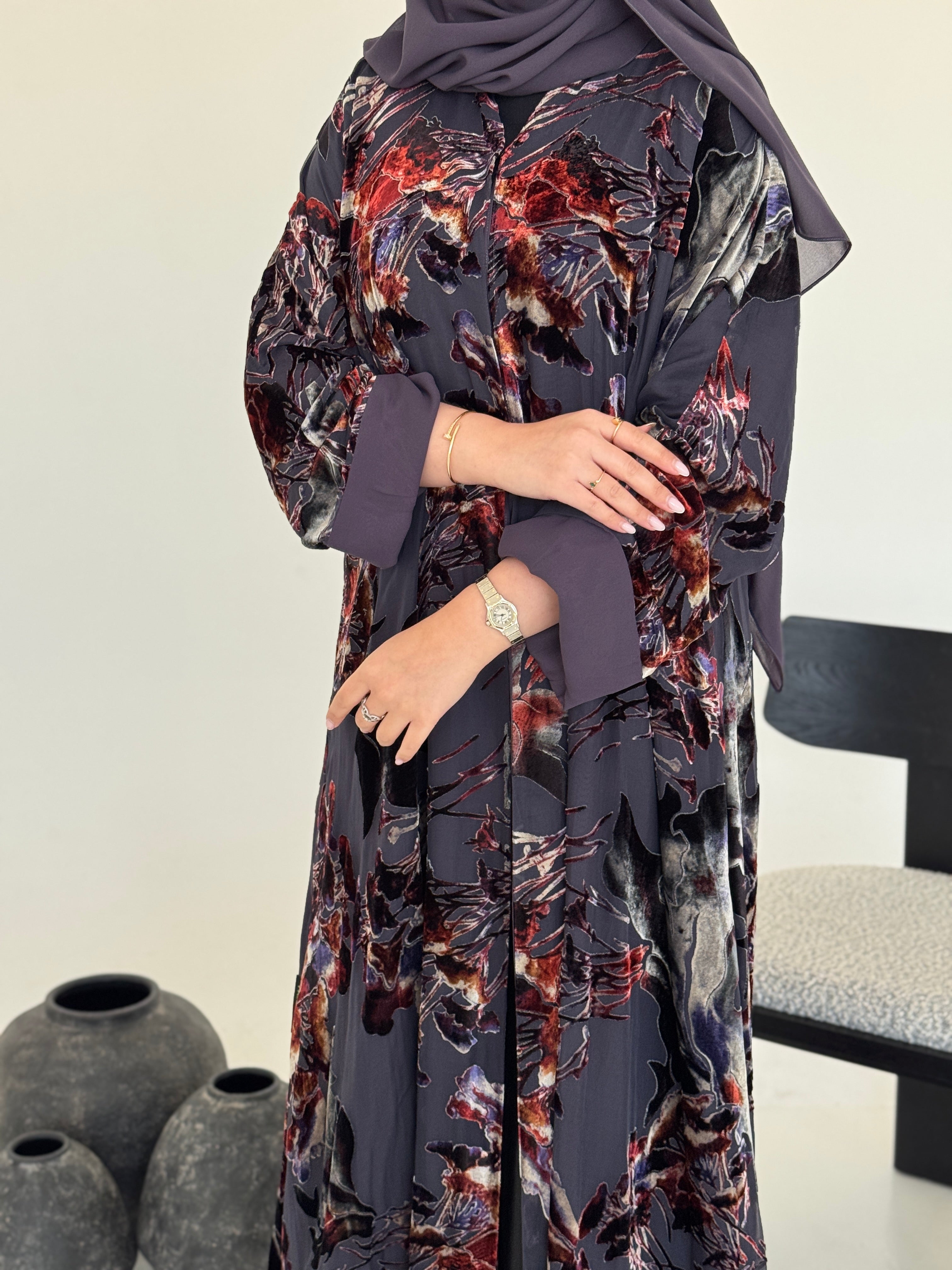 FAB233- Grey Purple Chiffon with Velvet Print Abaya with headscarf