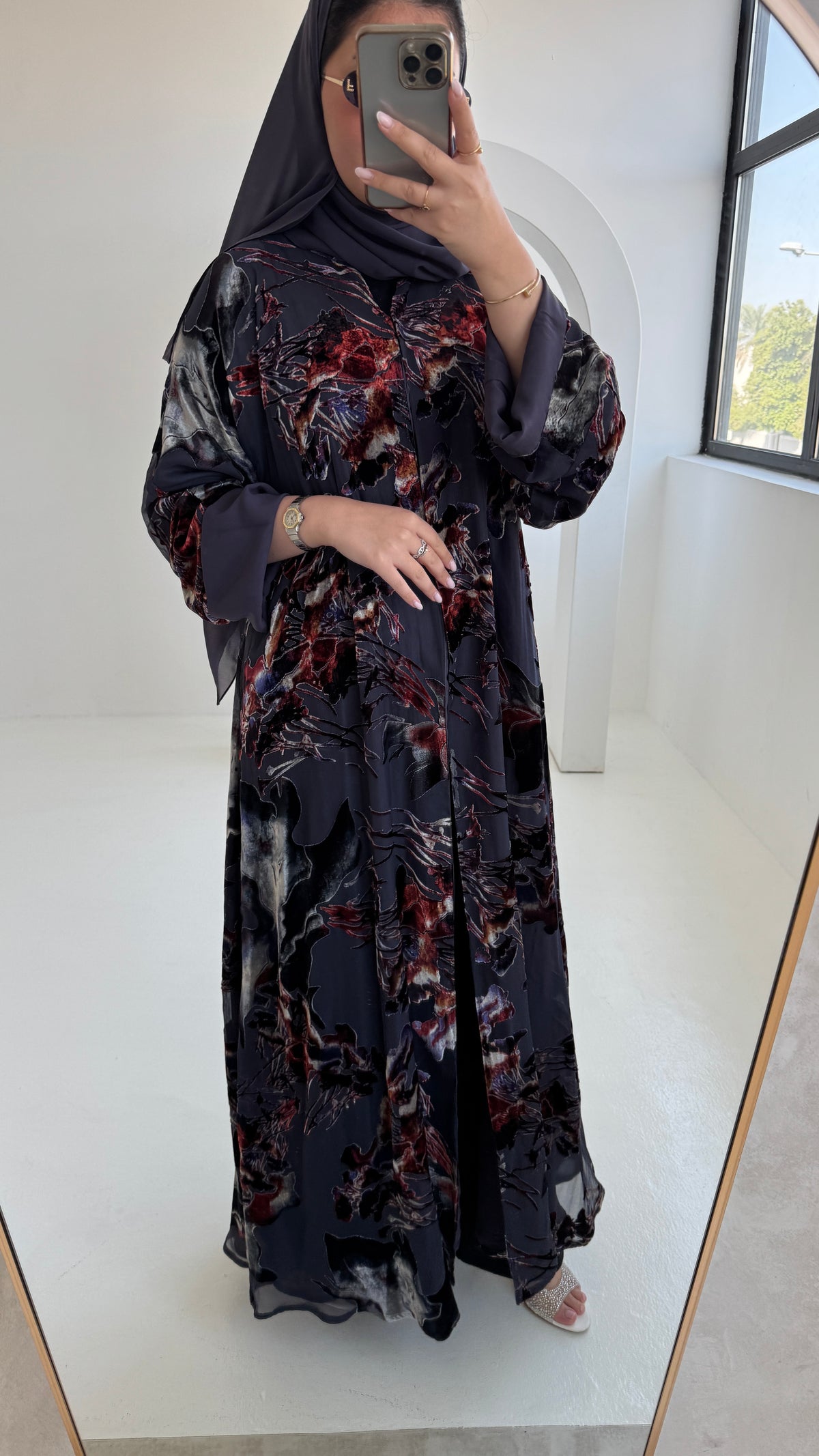 FAB233- Grey Purple Chiffon with Velvet Print Abaya with headscarf