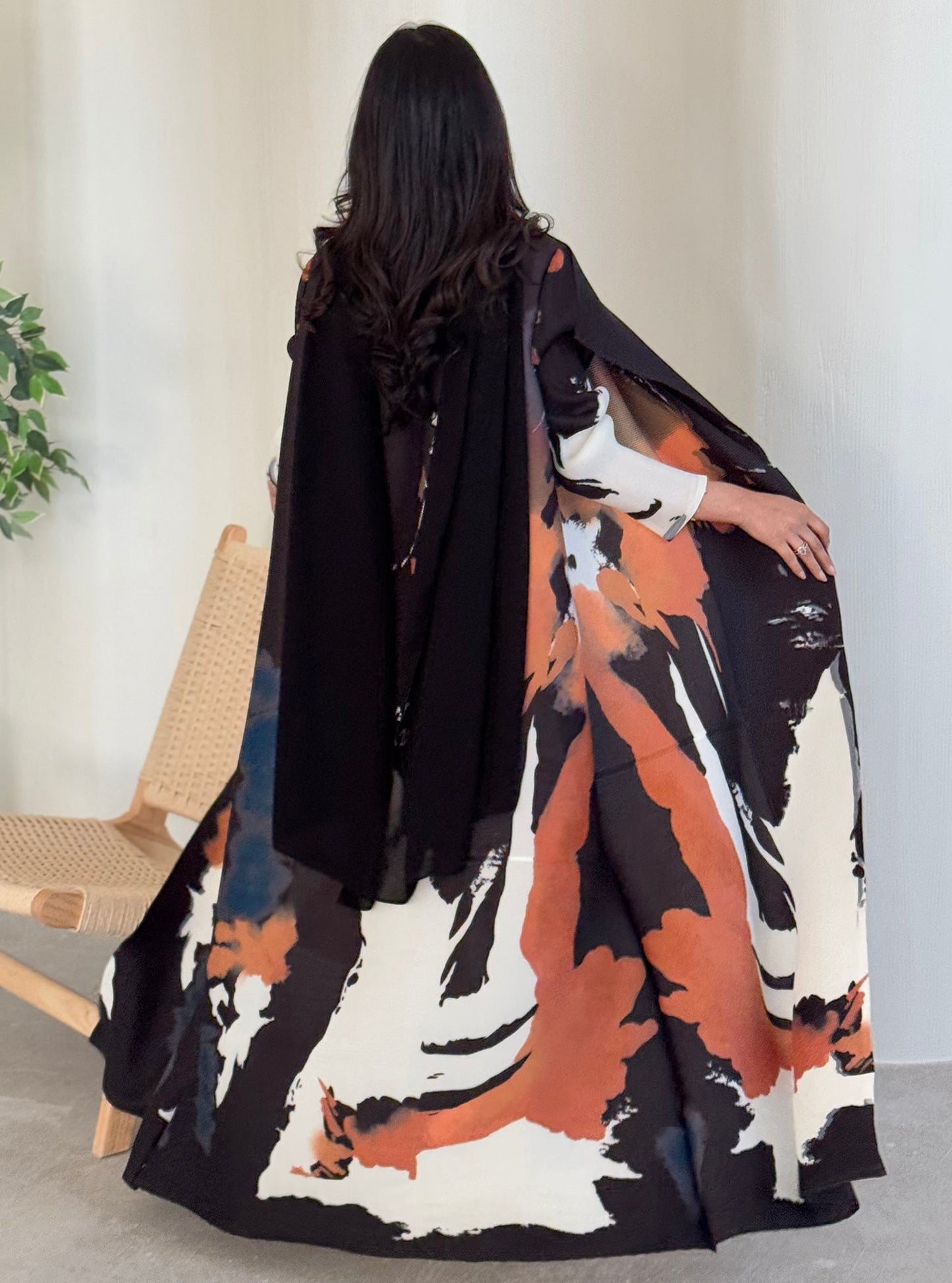 FAB130-Black Orange Pattern Pleats Abaya With Headscarf