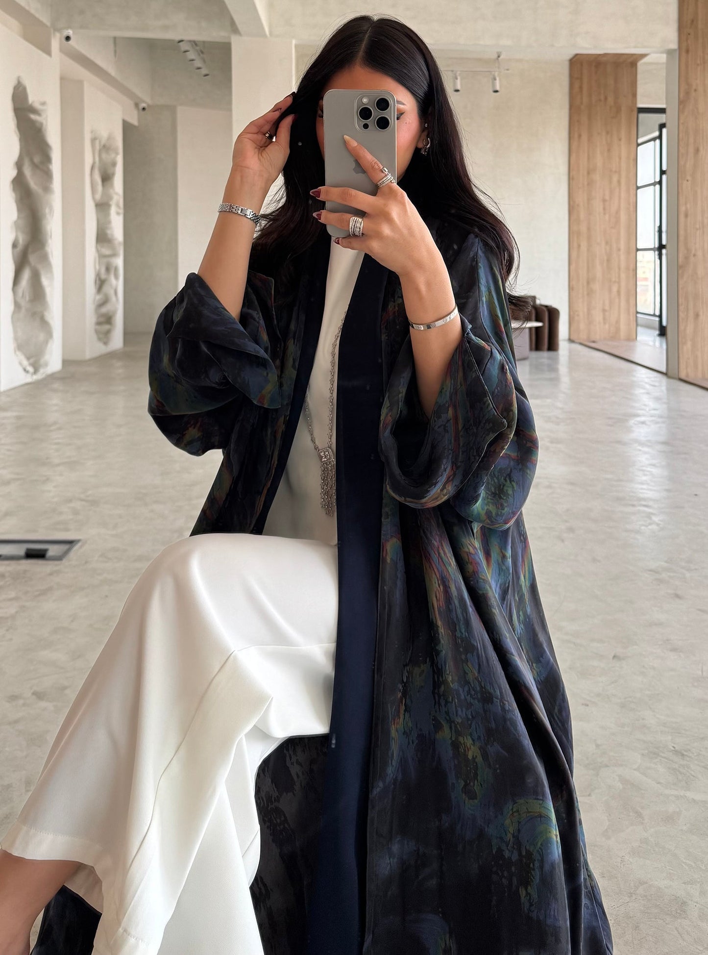 FAB155-Rainbow Marble Jacquard A-Cut Abaya