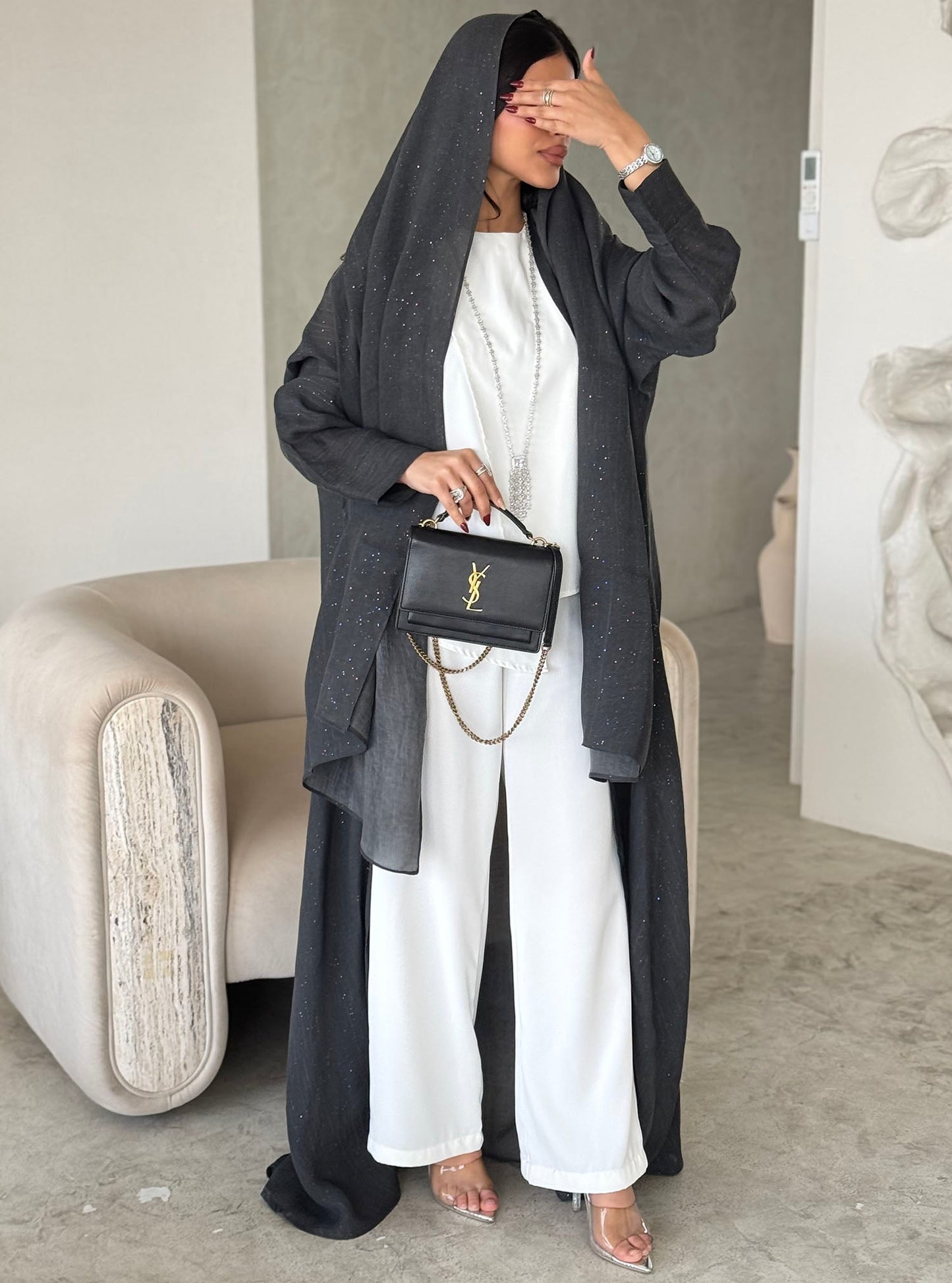 FAB169-Charcoal Black Glitter Linen A-Cut Abaya Set