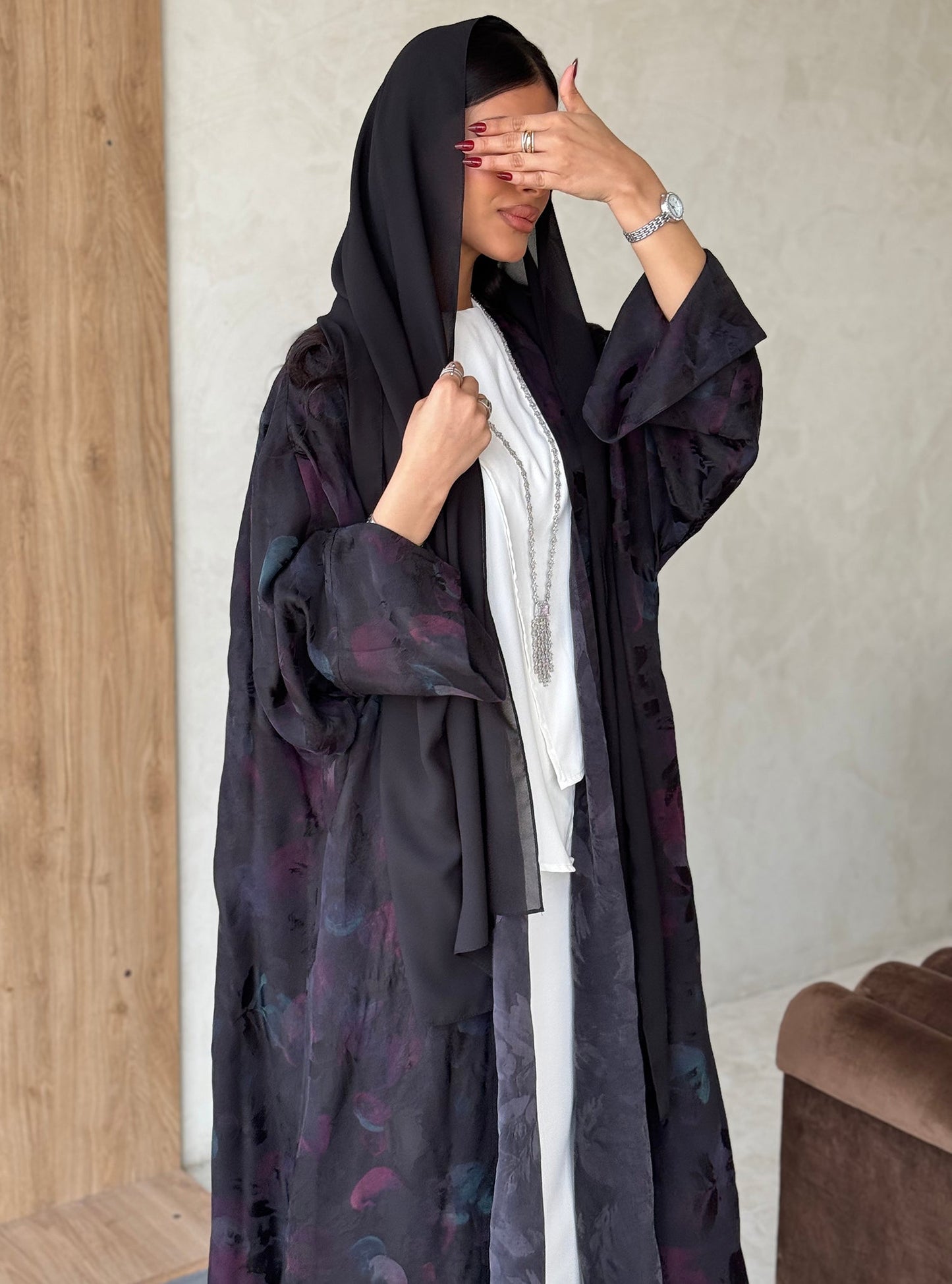 FAB158-Black Rose Jacquard A-Cut Abaya