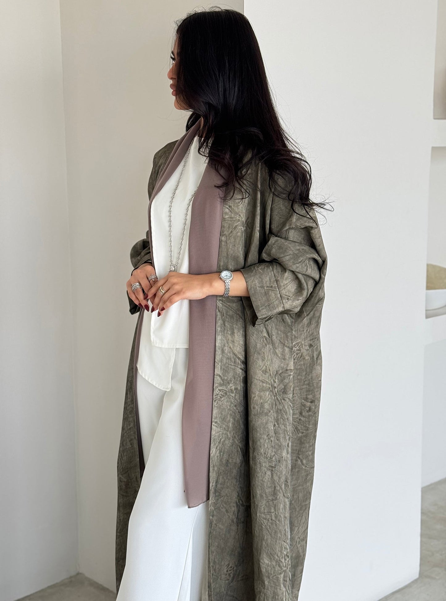 FAB164- Beige Jacquard Silk Abaya