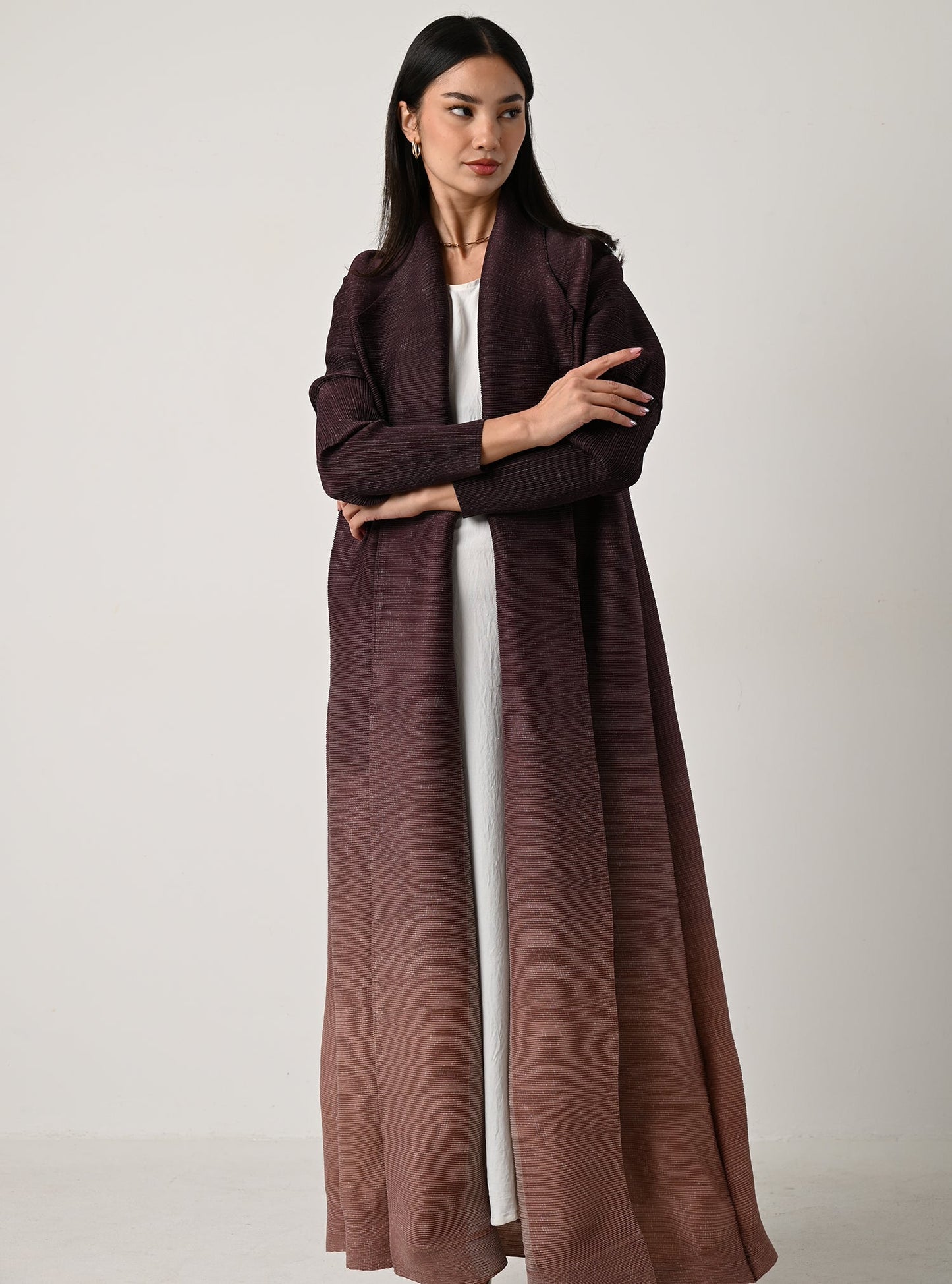 FAB117-Burgundy Ombré Pleats Abaya With Headscarf