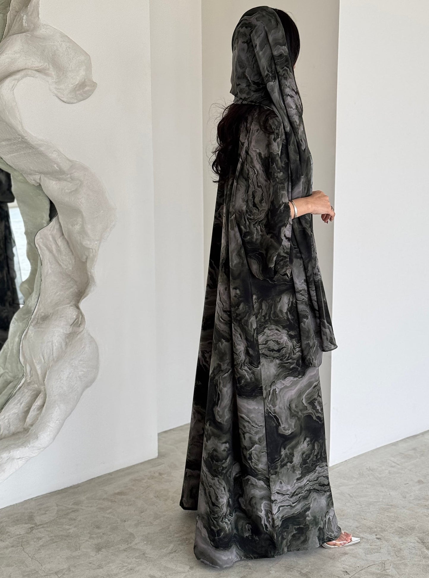 FAB160-Grey Black tie-dye Abaya with matching headscarf set