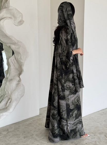 FAB160-Grey Black Abaya with matching headscarf set