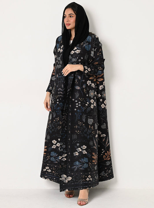 FAB110-Black Patterned Pleats Abaya With headscarf