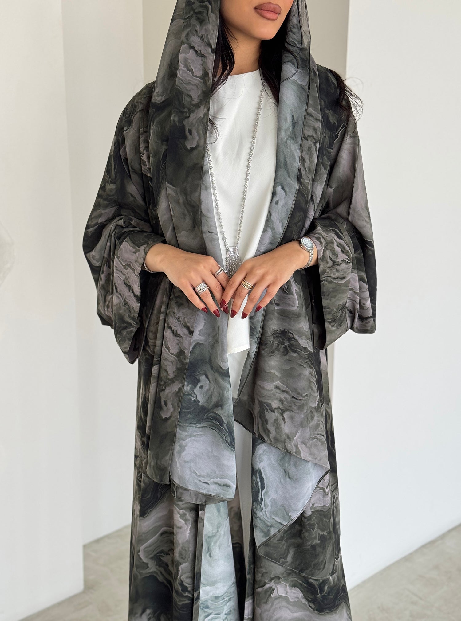 FAB160-Grey Black Abaya with matching headscarf set