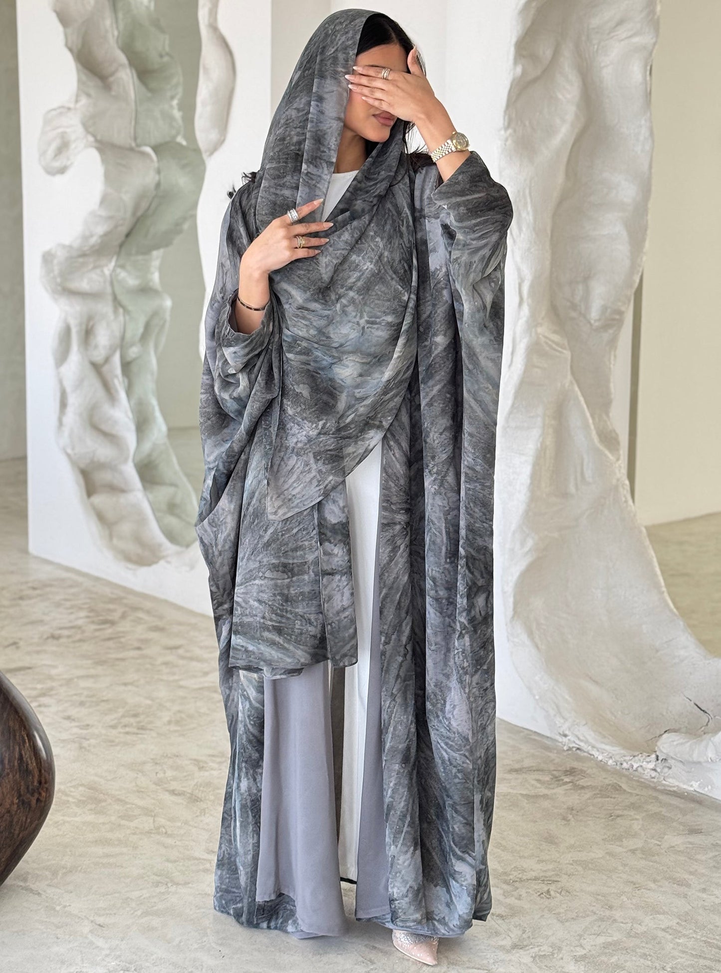 FAB175-Grey Shimmer Chiffon Bisht- Cut Summer Abaya with matching headscarf