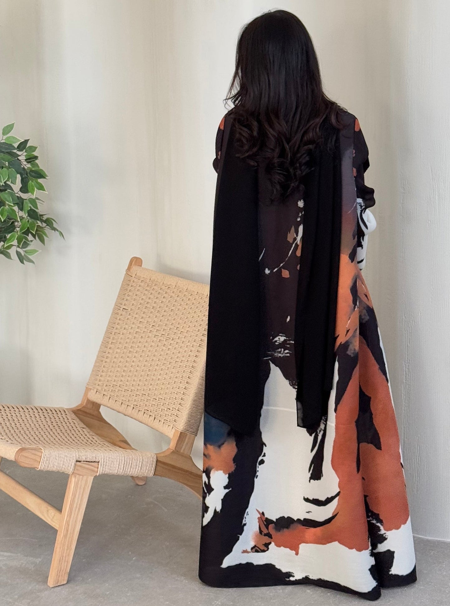 FAB130-Black Orange Pattern Pleats Abaya With Headscarf