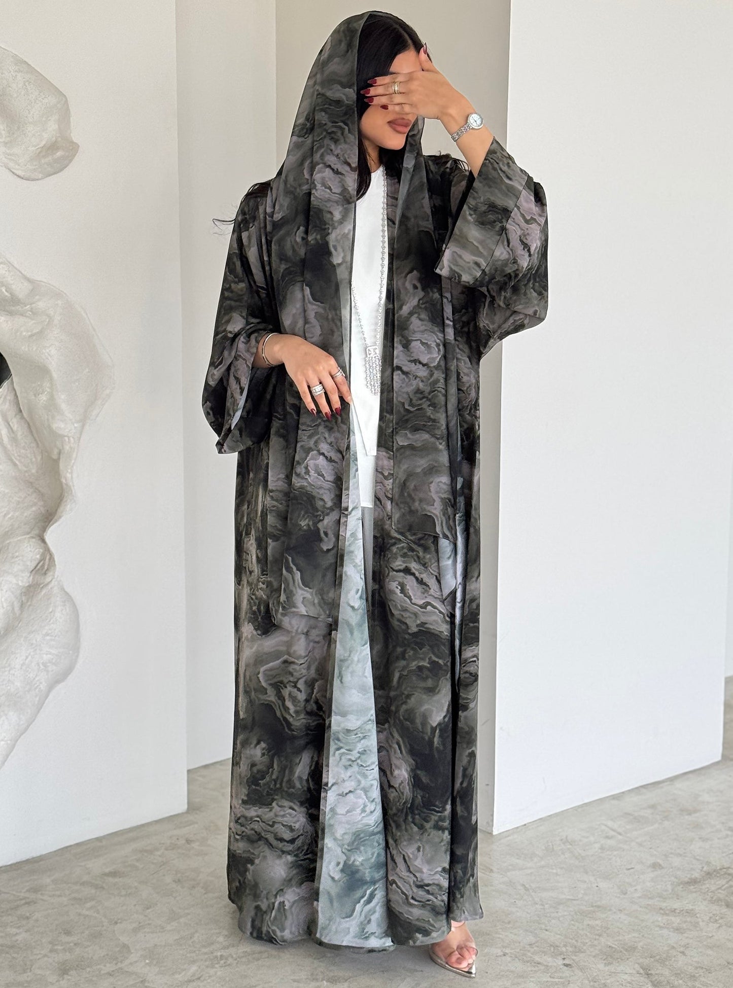 FAB160-Grey Black tie-dye Abaya with matching headscarf set