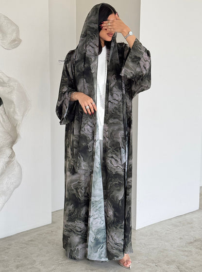 FAB160-Grey Black Abaya with matching headscarf set