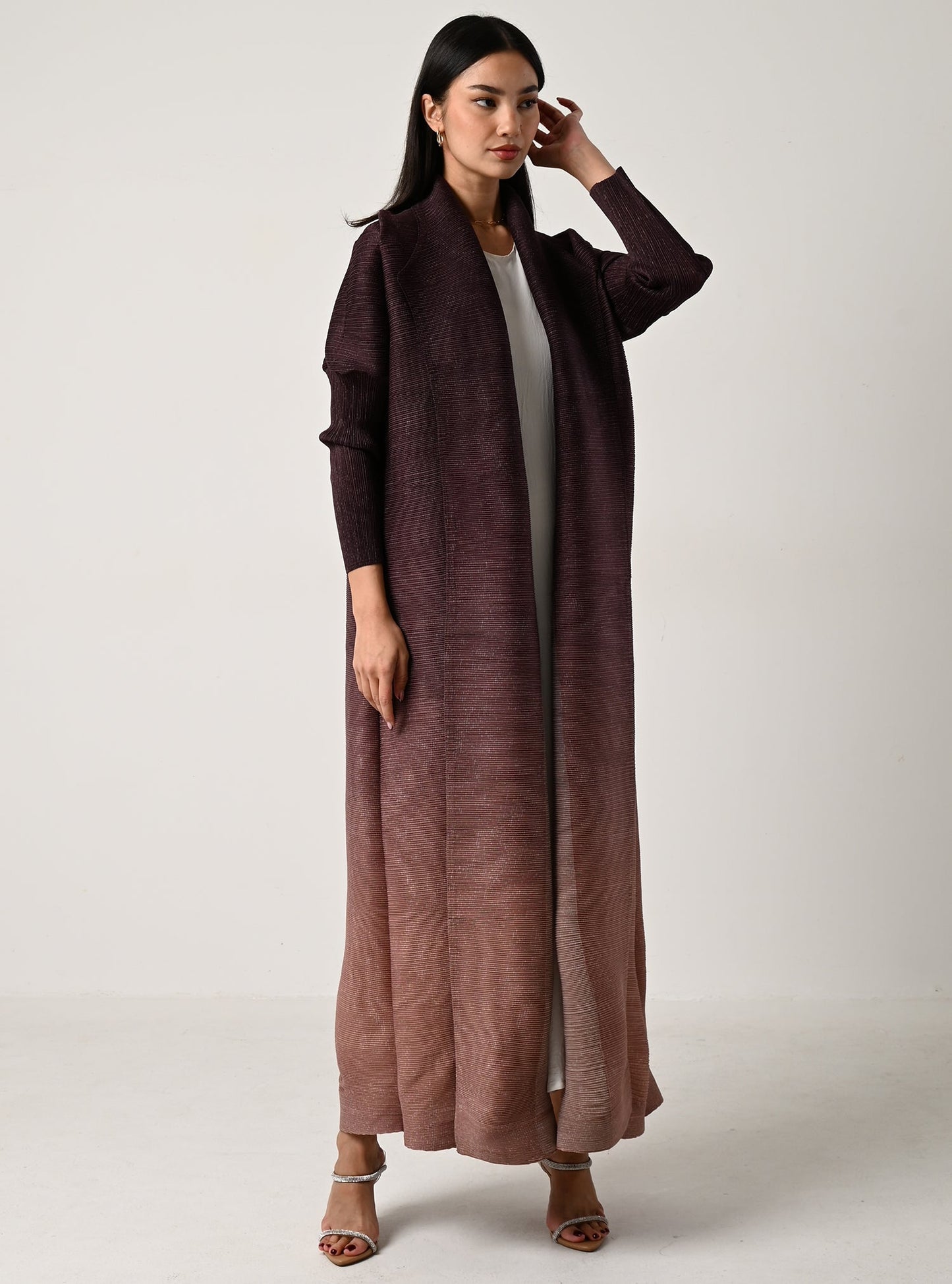 FAB117-Burgundy Ombré Pleats Abaya With Headscarf