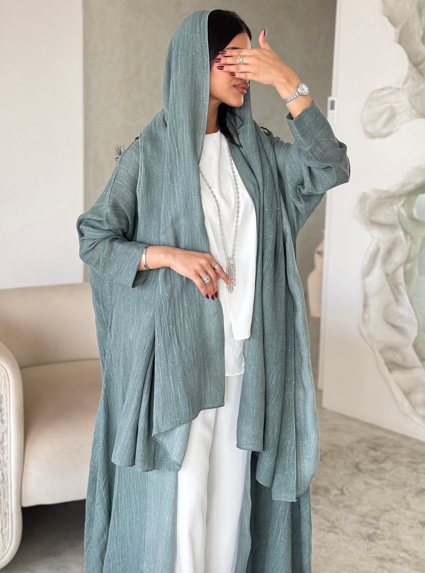 FAB166-Turqoise Glitter Linen A-Cut Abaya Set