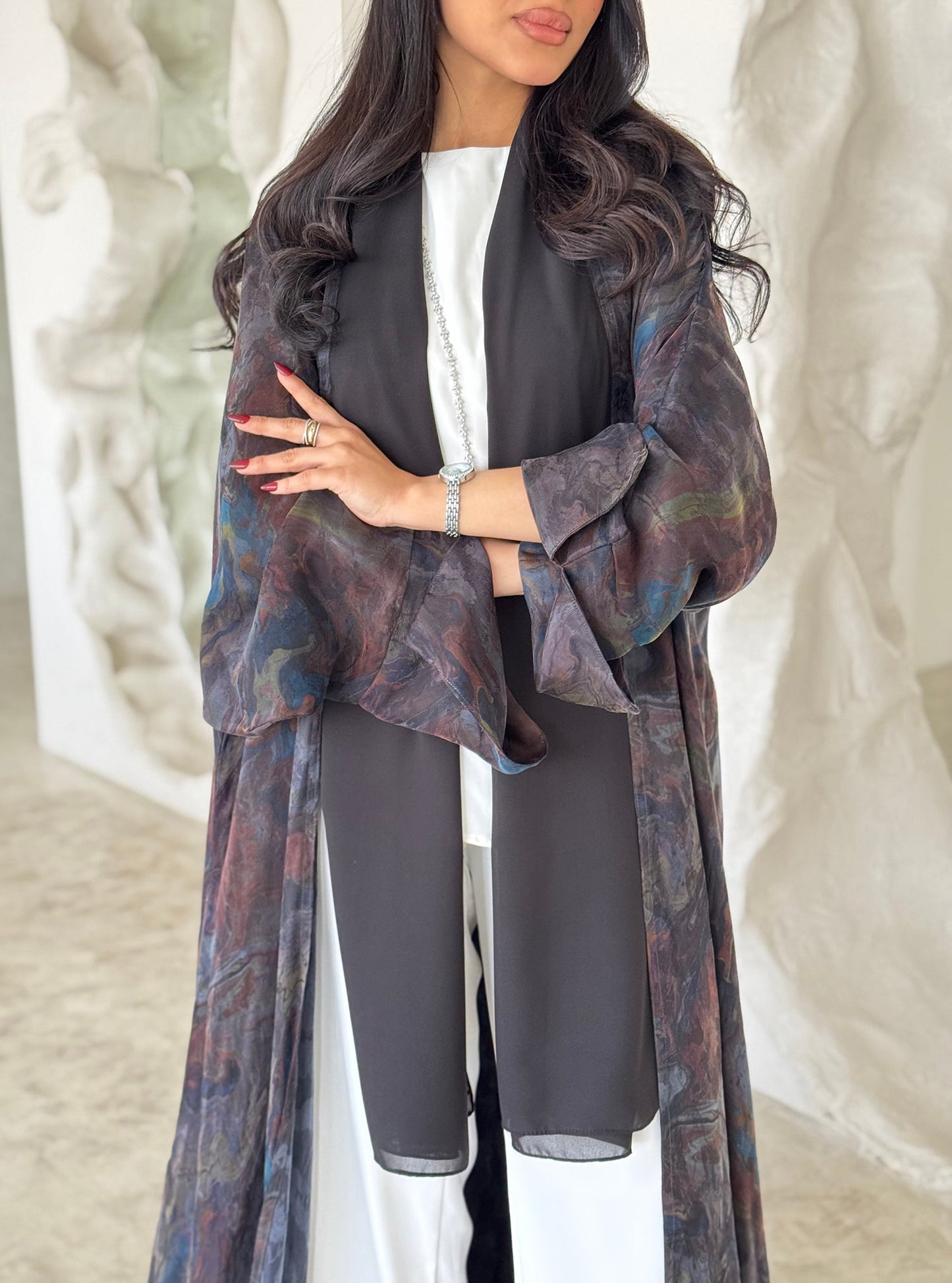 FAB157-Smoky Brown Jacquard A-Cut Abaya