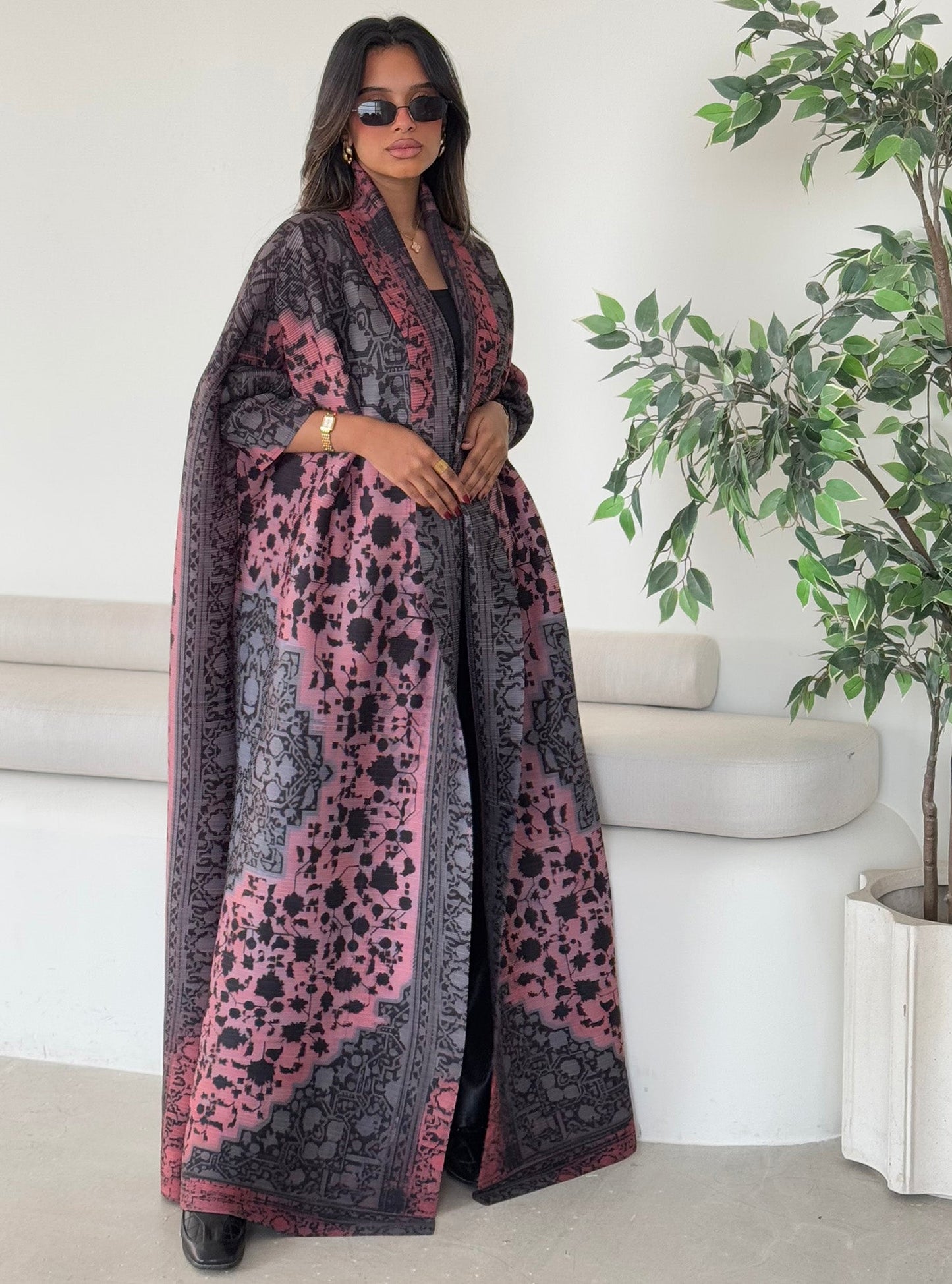 FAB127-Dark Mauve Bisht Pattern Abaya with headscarf