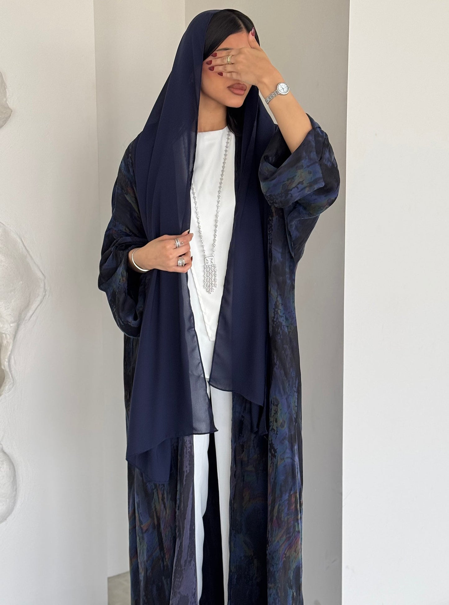 FAB156- Blue Swirl Marble Jacquard A-Cut Abaya