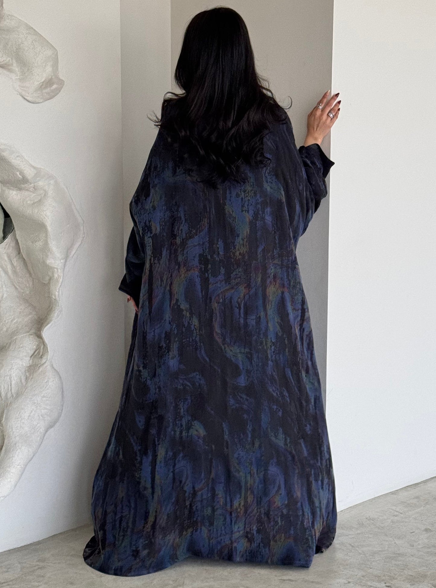 FAB156- Blue Swirl Marble Jacquard A-Cut Abaya