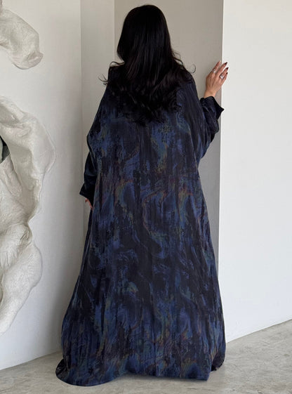 FAB156- Blue Swirl Marble Jacquard A-Cut Abaya