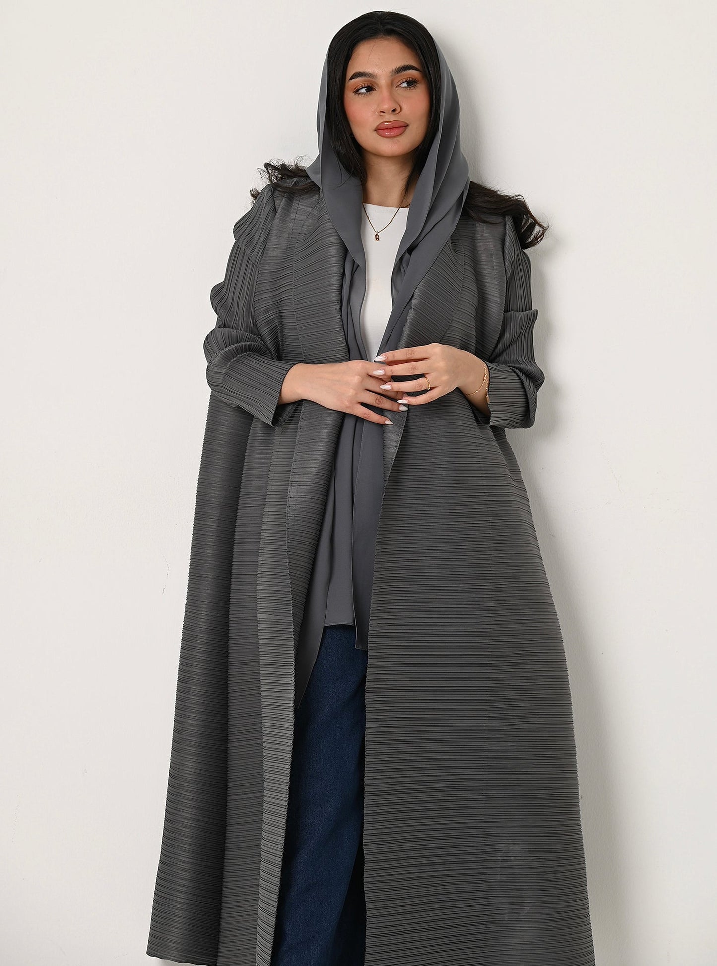 FAB106-Cloudy Grey Pleats Abaya with headscarf