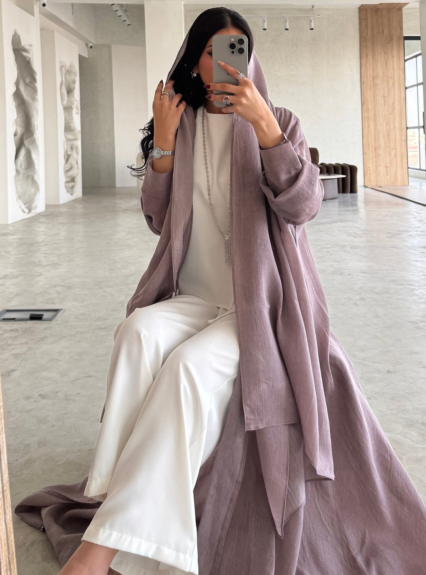FAB167-Pink Glitter Linen A-Cut Abaya Set