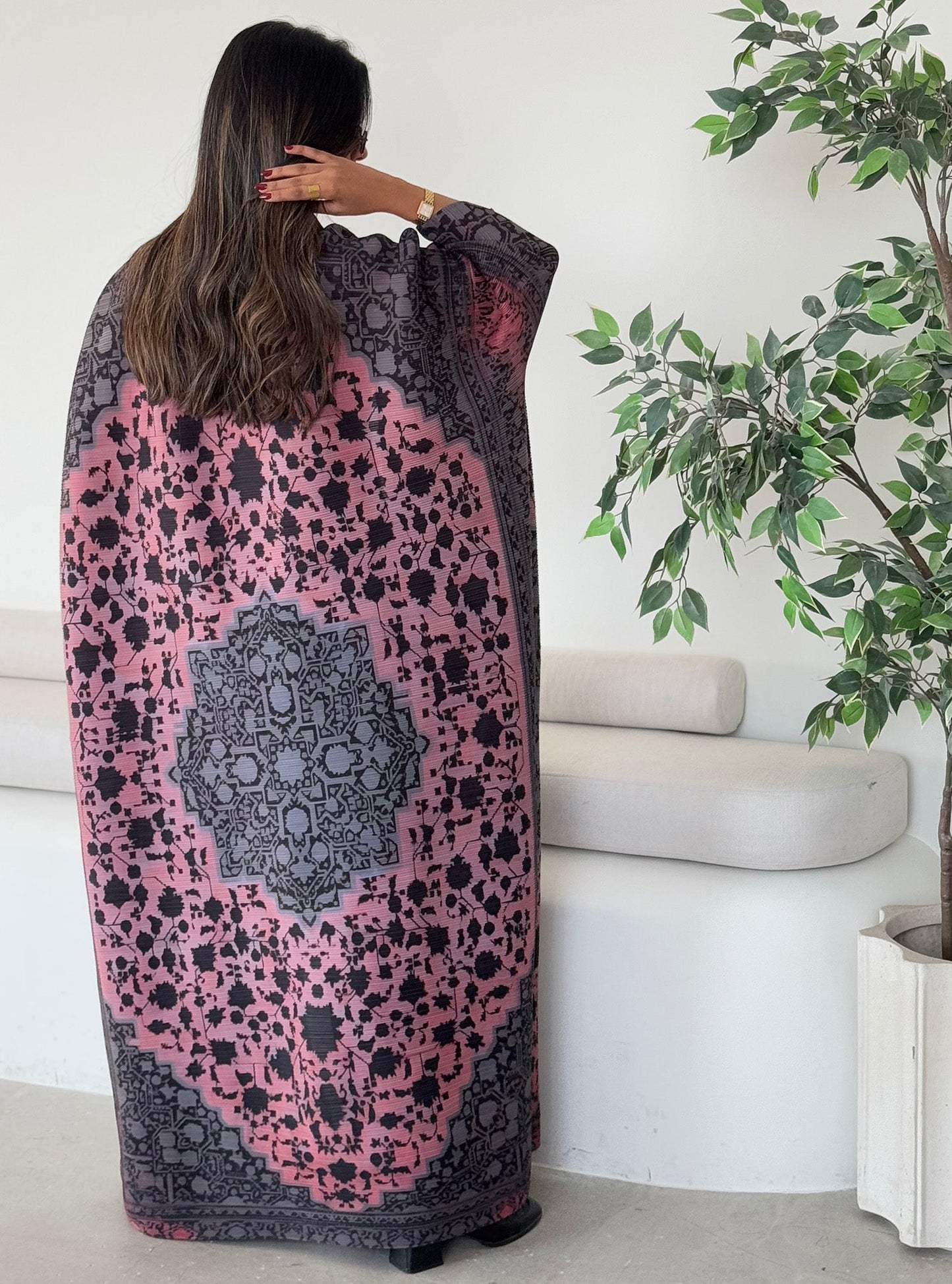 FAB127-Dark Mauve Bisht Pattern Abaya with headscarf