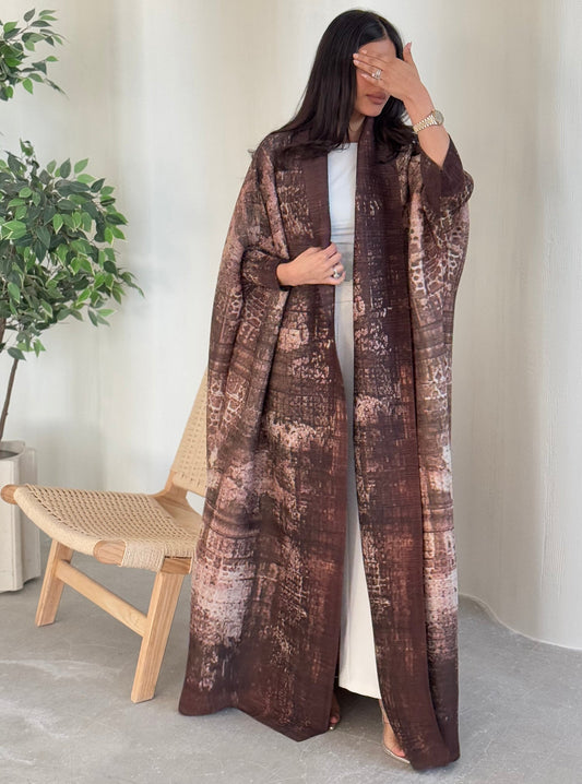 FAB133-Brown Pattern Bisht Pleats Abaya with headscarf