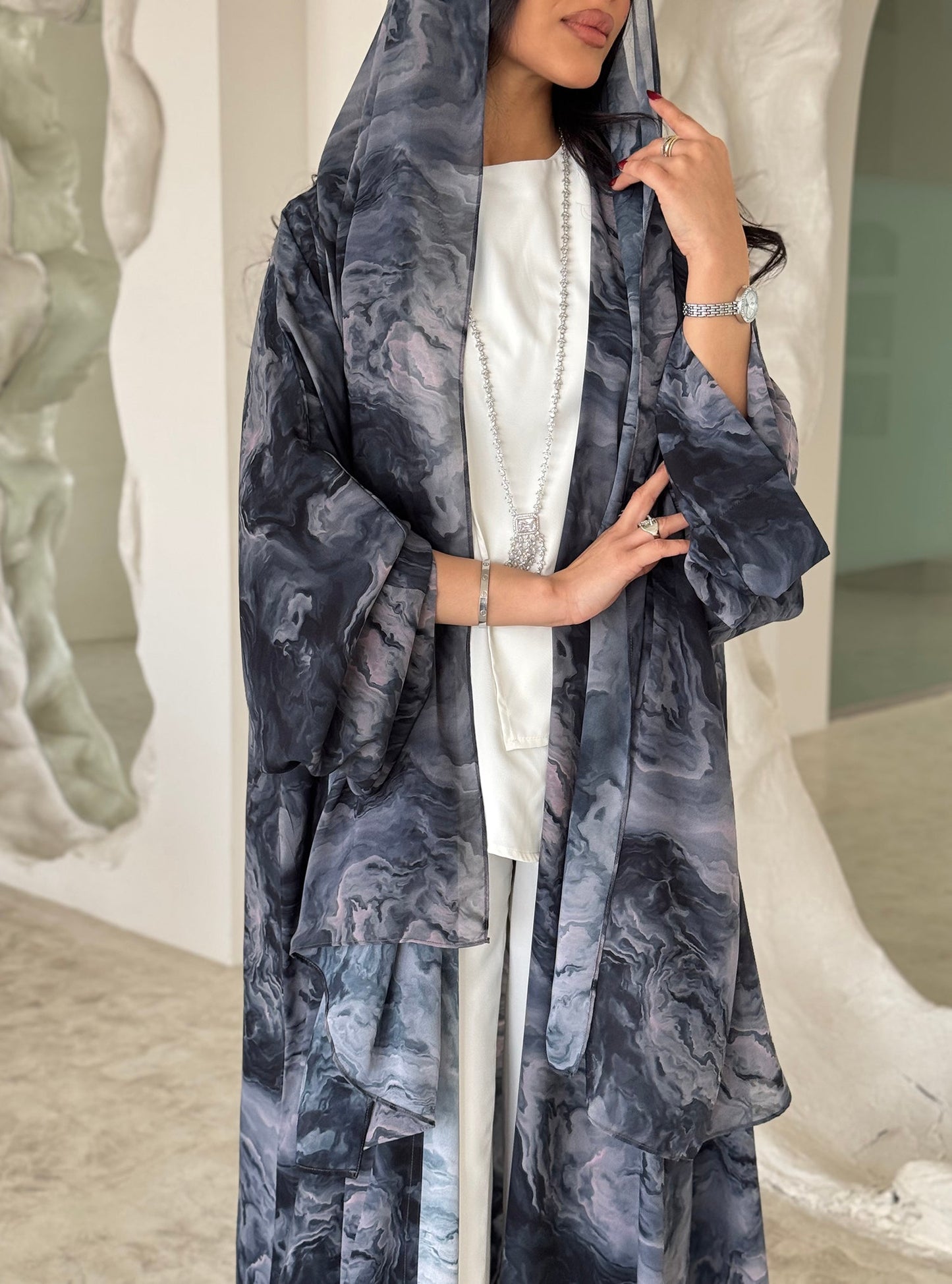 FAB159-Sky Blue tie-dye Abaya with matching headscarf set