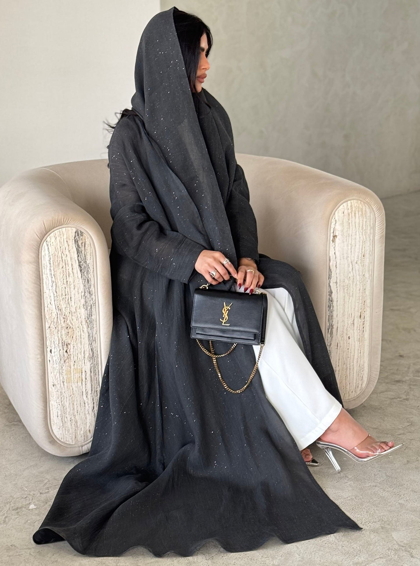 FAB169-Charcoal Black Glitter Linen A-Cut Abaya Set