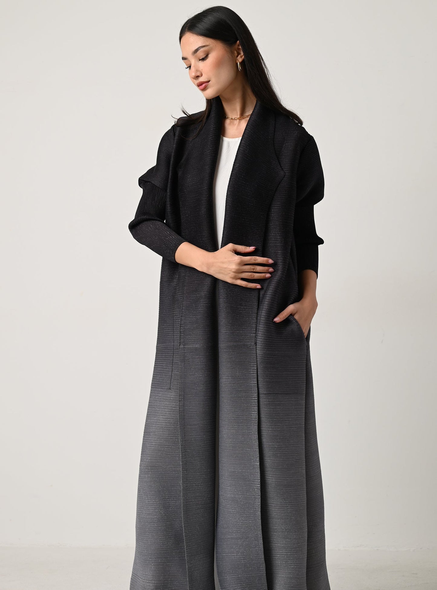 FAB117-Charcoal Ombré Pleats Abaya With Headscarf