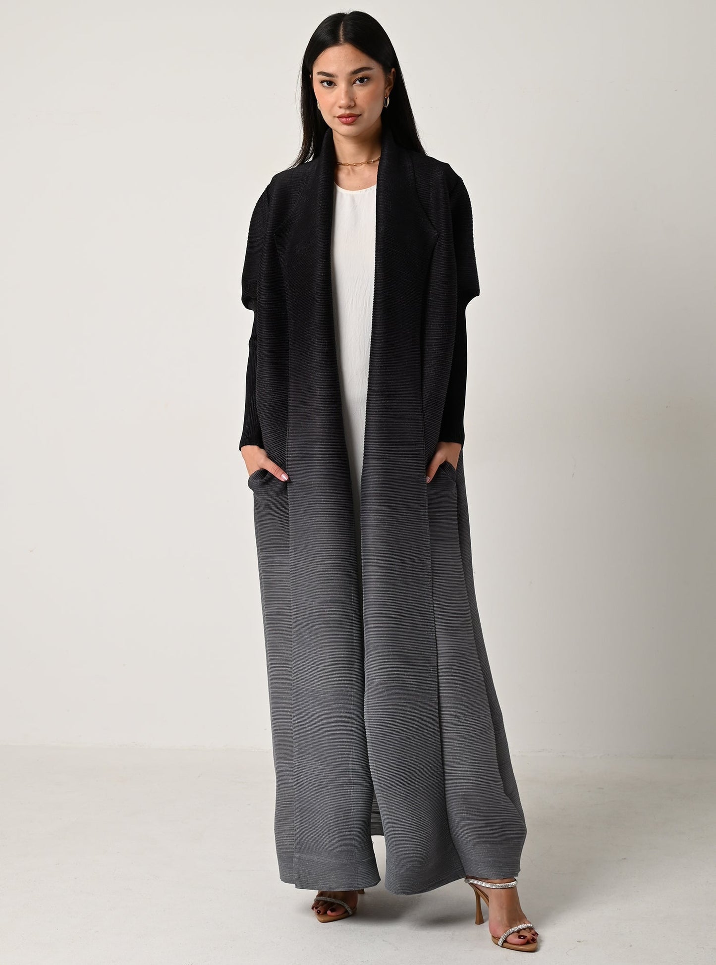 FAB117-Charcoal Ombré Pleats Abaya With Headscarf