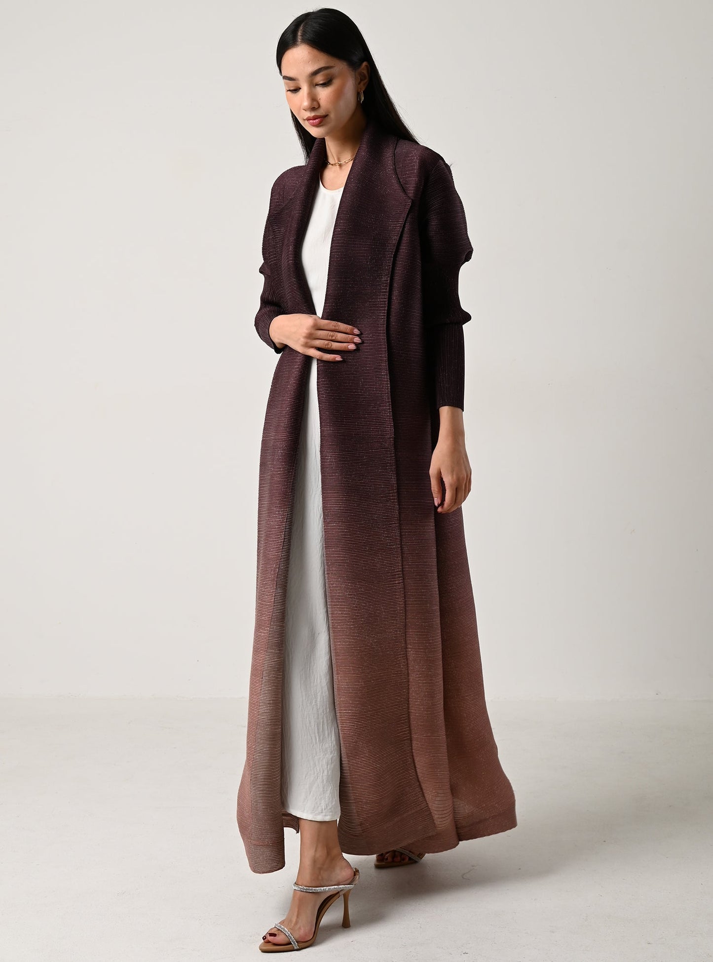 FAB117-Burgundy Ombré Pleats Abaya With Headscarf