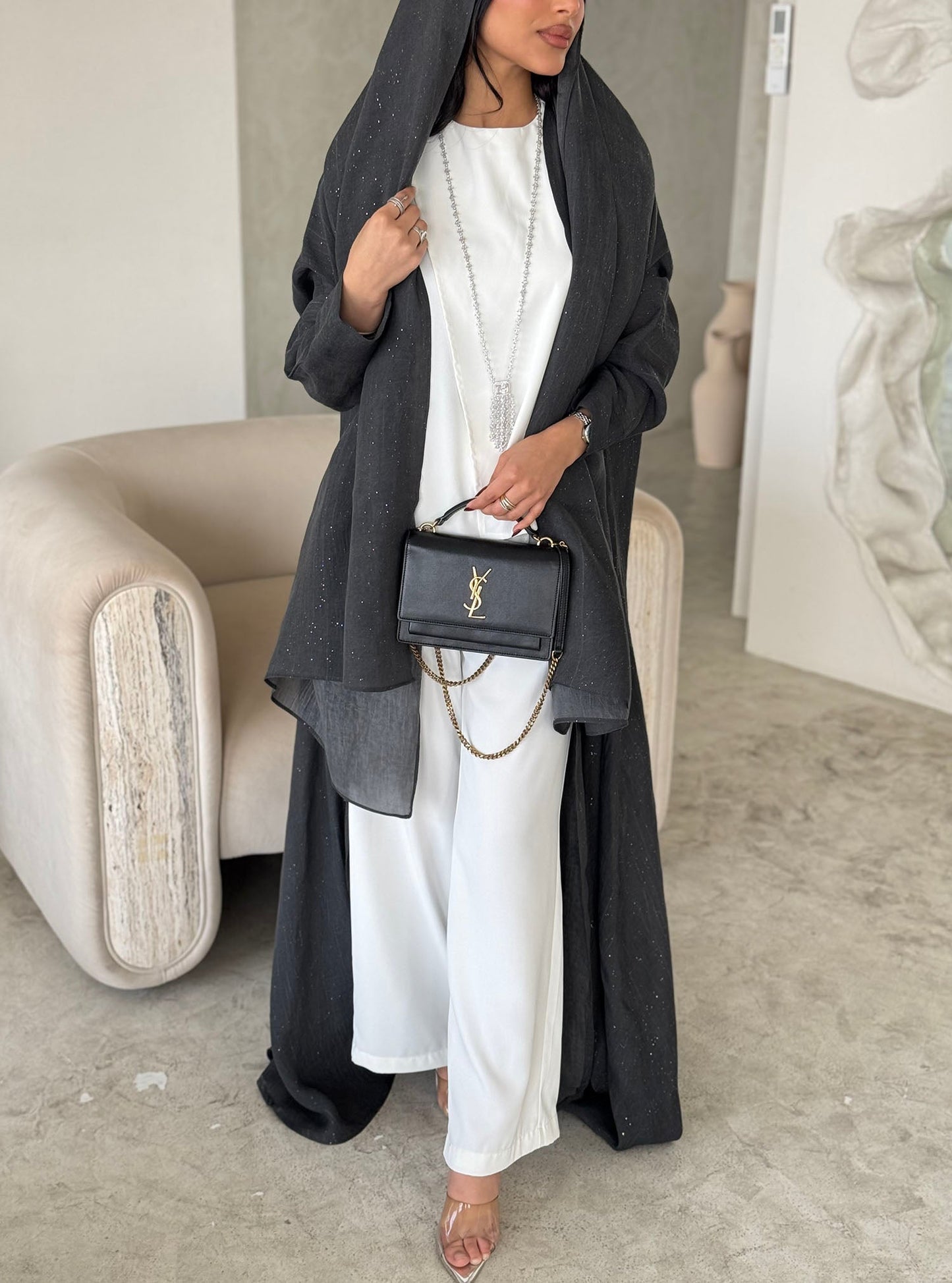 FAB169-Charcoal Black Glitter Linen A-Cut Abaya Set