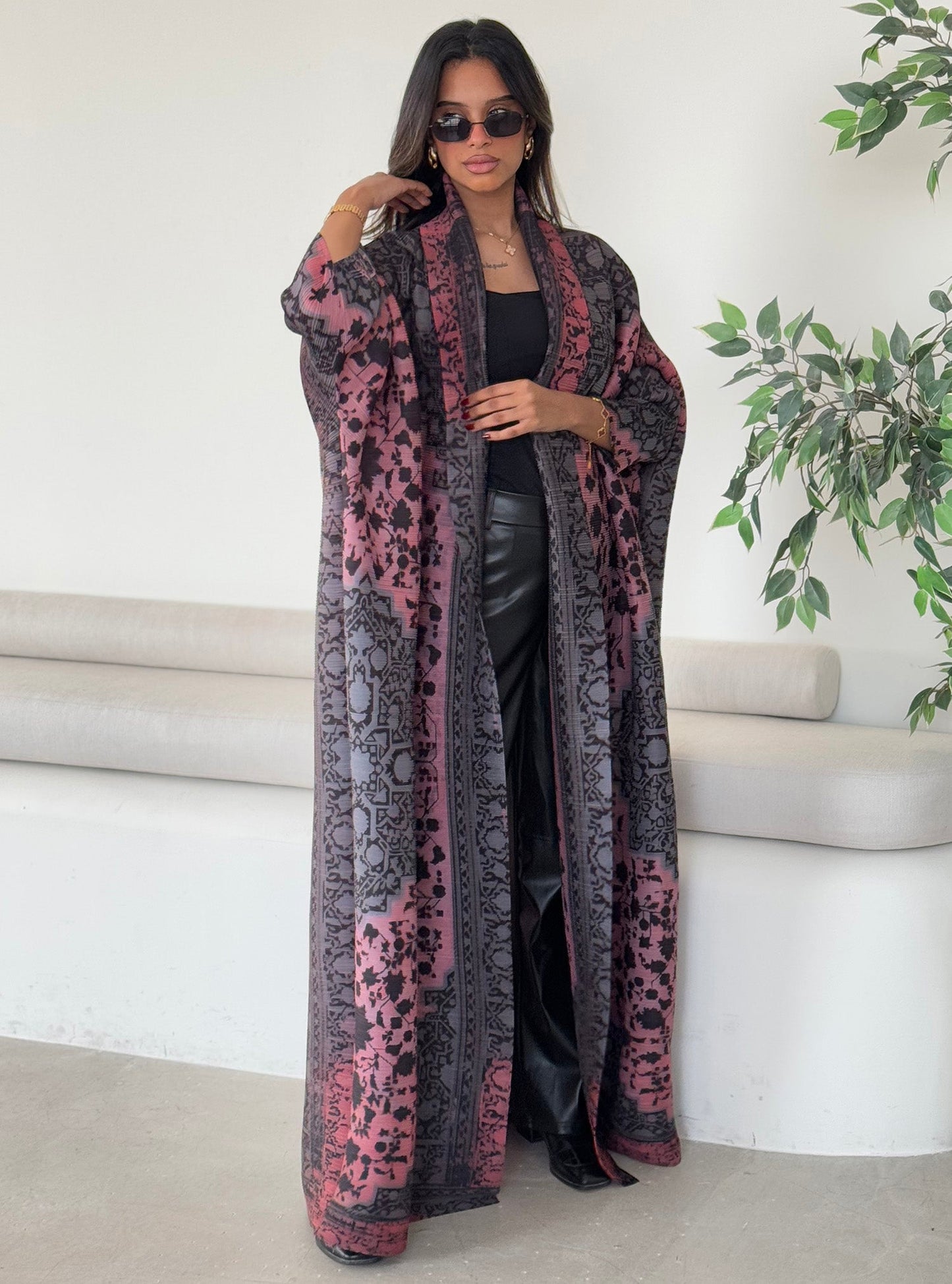 FAB127-Dark Mauve Bisht Pattern Abaya with headscarf