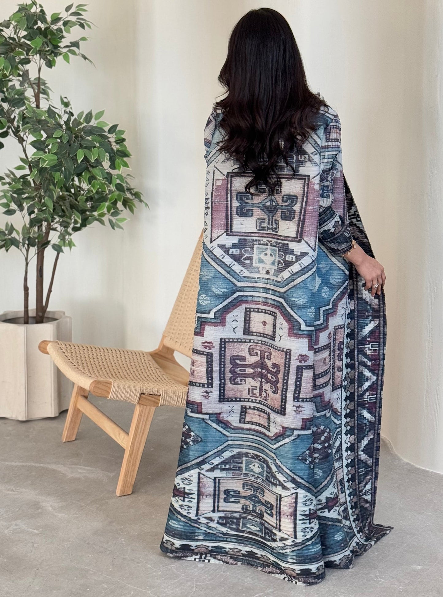 FAB132-Turquoise Pattern Pleats Abaya With Headscarf