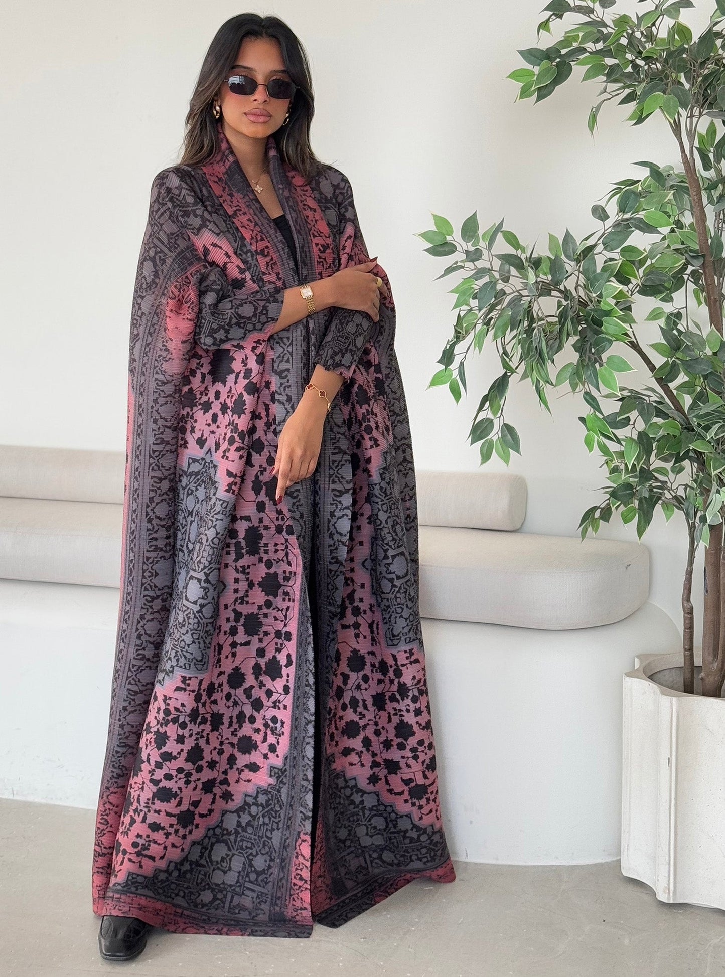 FAB127-Dark Mauve Bisht Pattern Abaya with headscarf