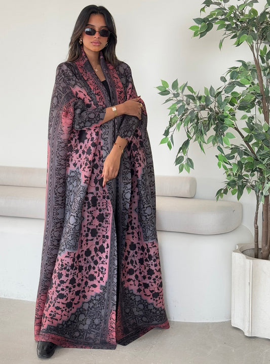 FAB127-Dark Mauve Bisht Pattern Abaya with headscarf