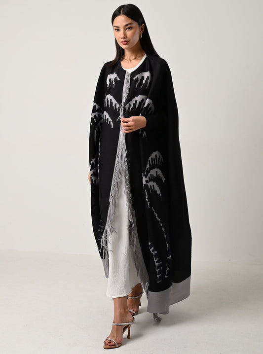 FAB116-Black Palm-fringed pleats abaya with headscarf