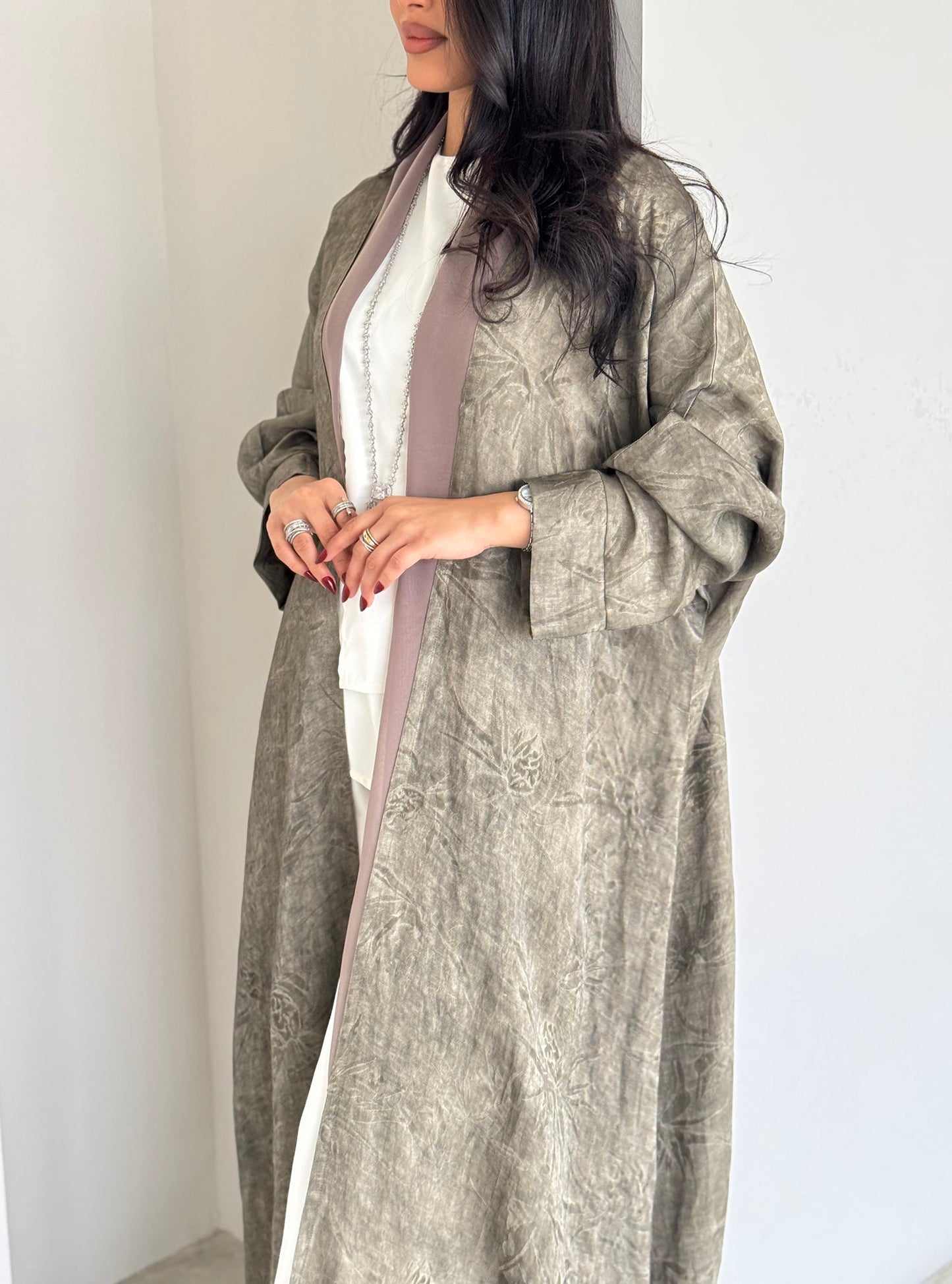 FAB164- Beige Jacquard Silk Abaya