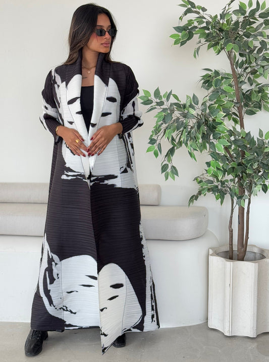 FAB123-Monochrome Patterned Pleats Abaya with Headscarf